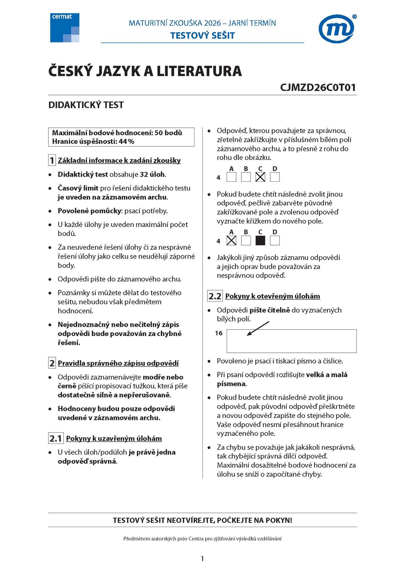 CJL_2026j_TS_Stránka_01 - Maturitní zkouška z češtiny a literatury – jarní termín 2026 (1/14)