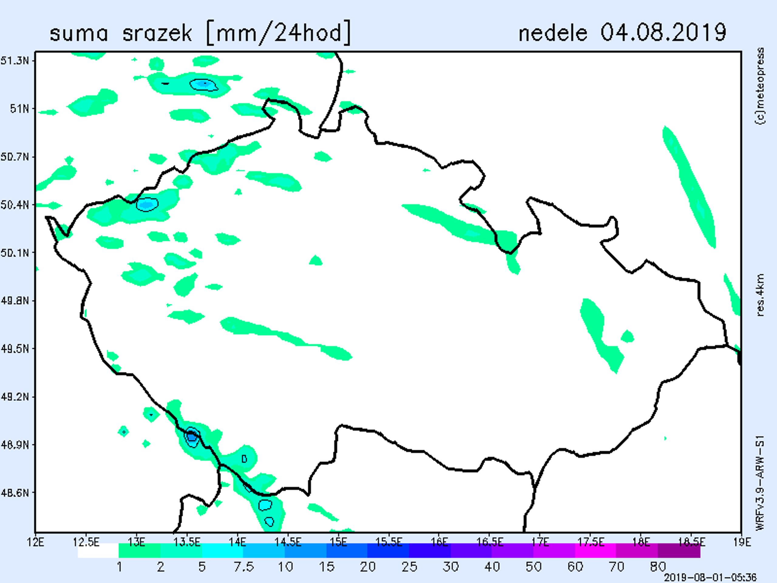 Mapa srážek - neděle 4. 8. 2019 - GALERIE: Srážkové mapy (4/4)