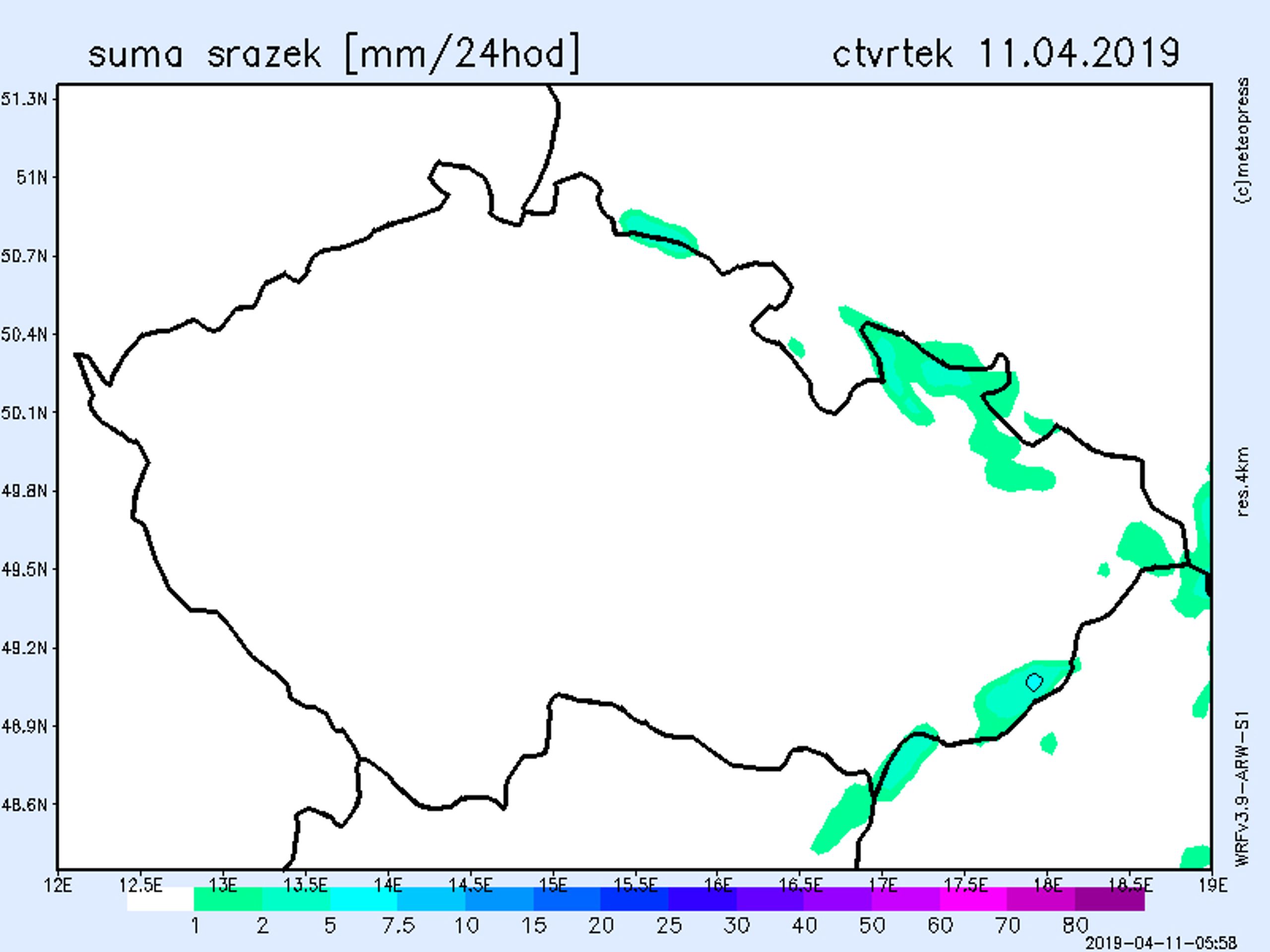 Mapa srážek 11. 4. 2019 - GALERIE: V Česku začne opět sněžit (3/6)
