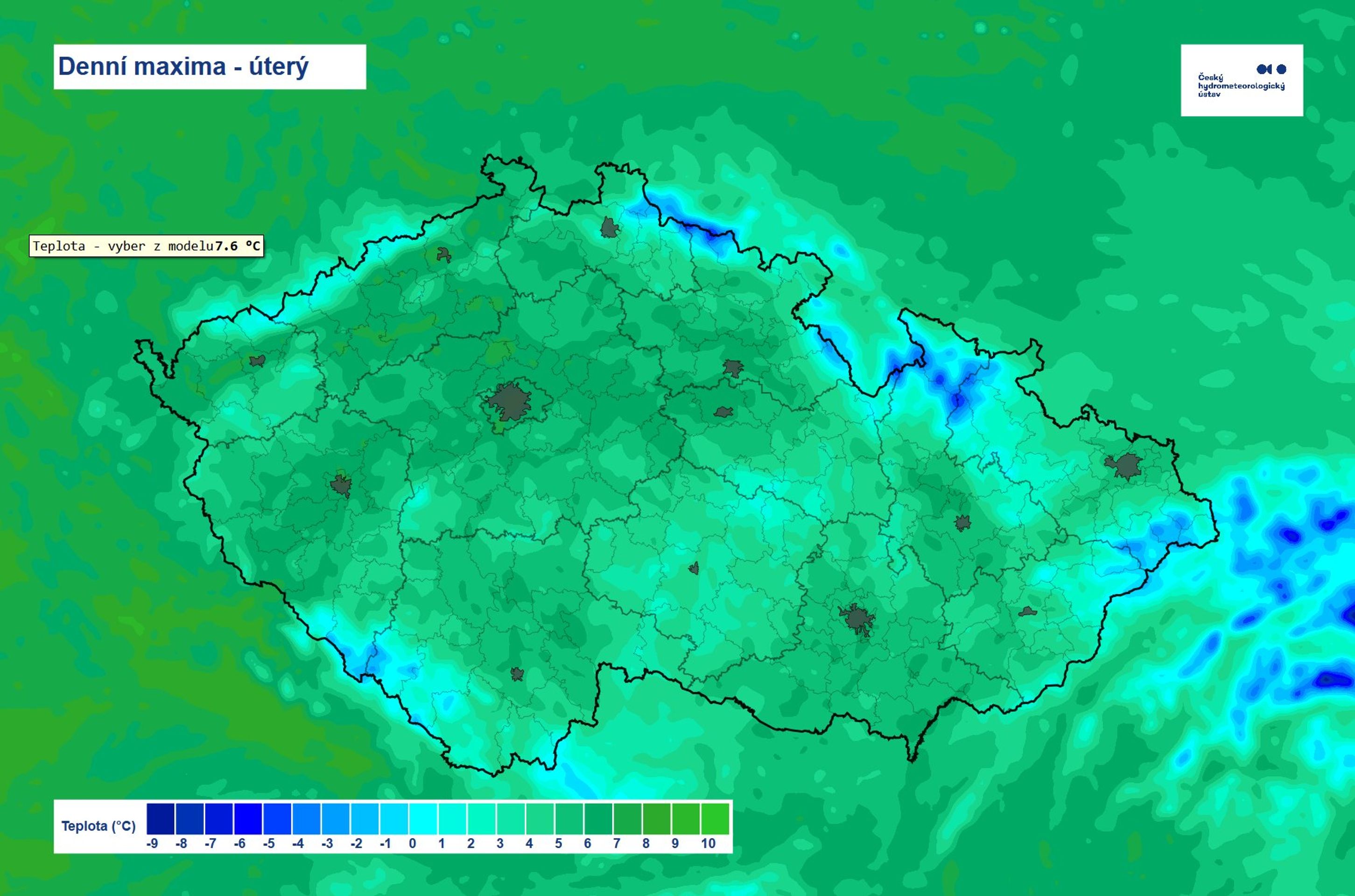 Denní maxima - úterý - Předpověď počasí (2/3)