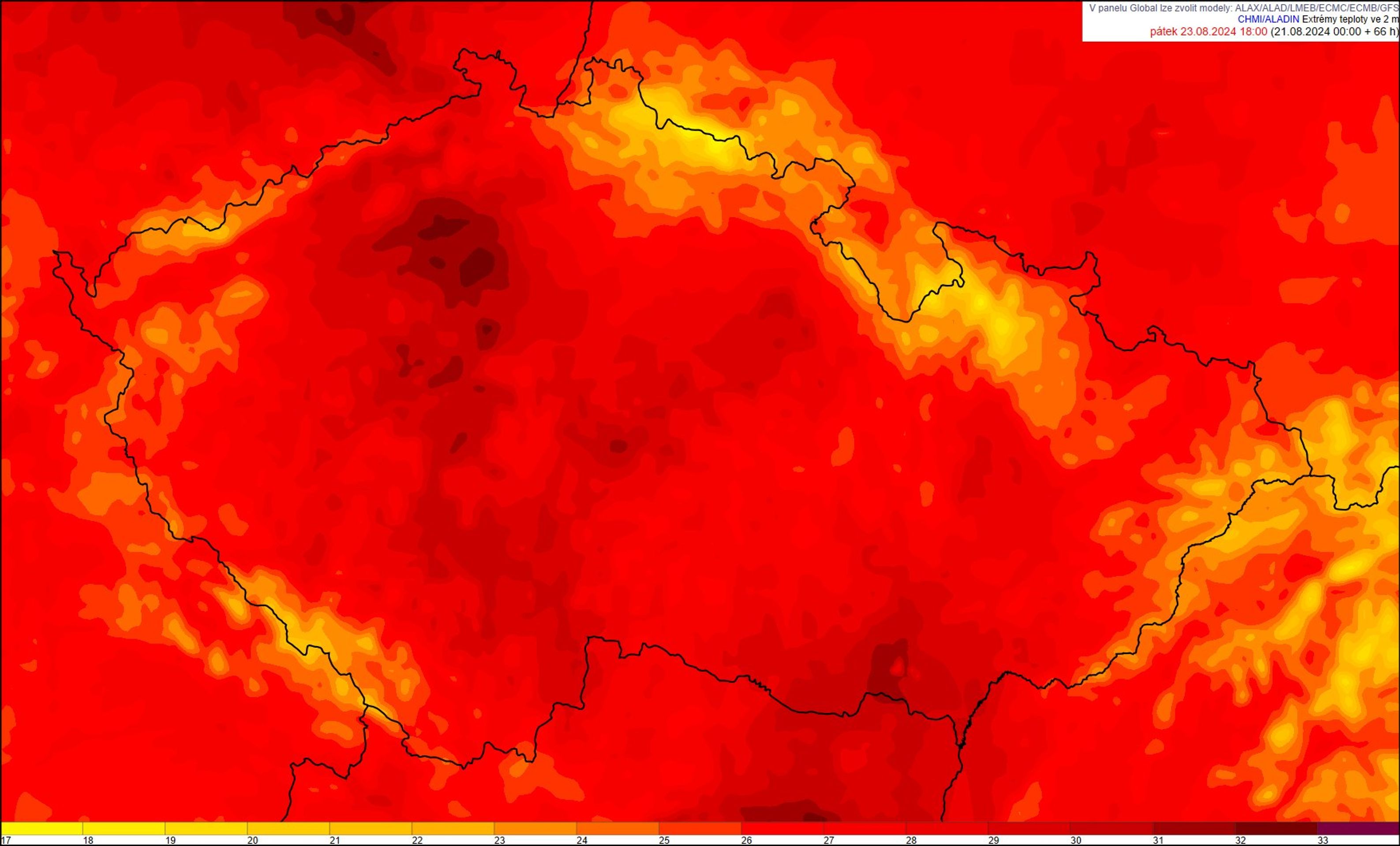 Nejvyšší teploty v pátek 23. srpna - Teploty od čtvrtka 22. do soboty 24. srpna (2/3)
