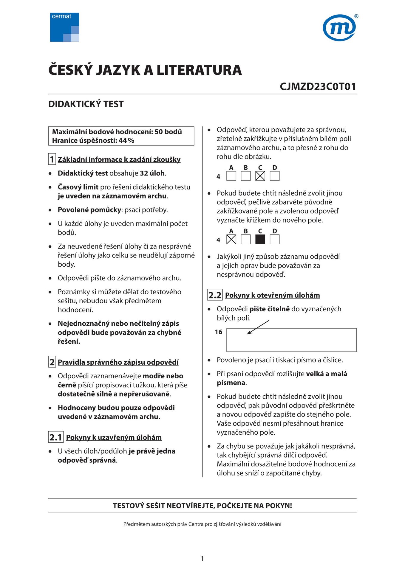 maturita-cestina-jaro-2023-test-01 - Maturita z českého jazyka a literatury 2023 (1/12)