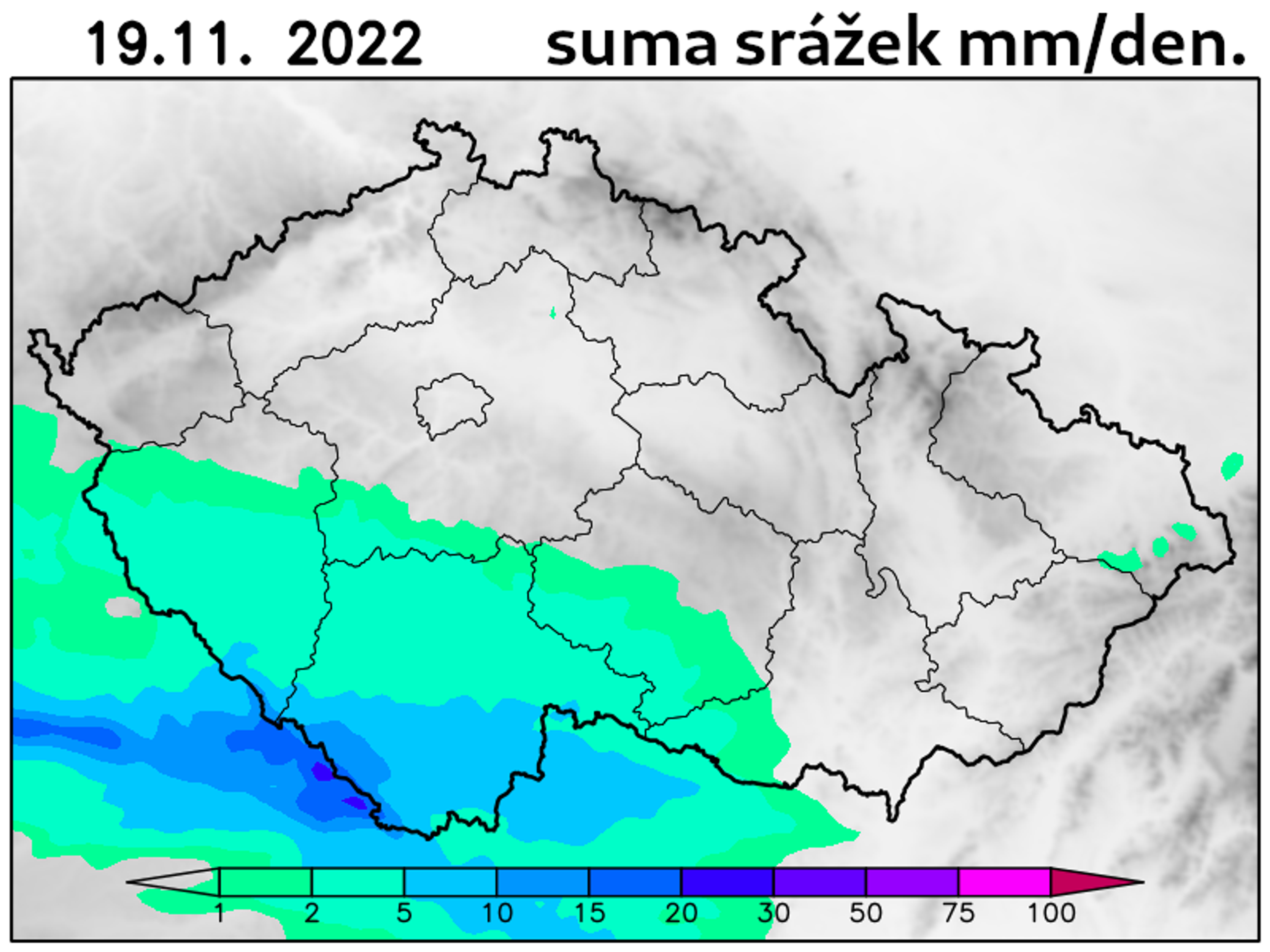 Mapa srážek 19. 11.  - Výstraha a mapy srážek na víkend 19. a 20. 11. (3/4)