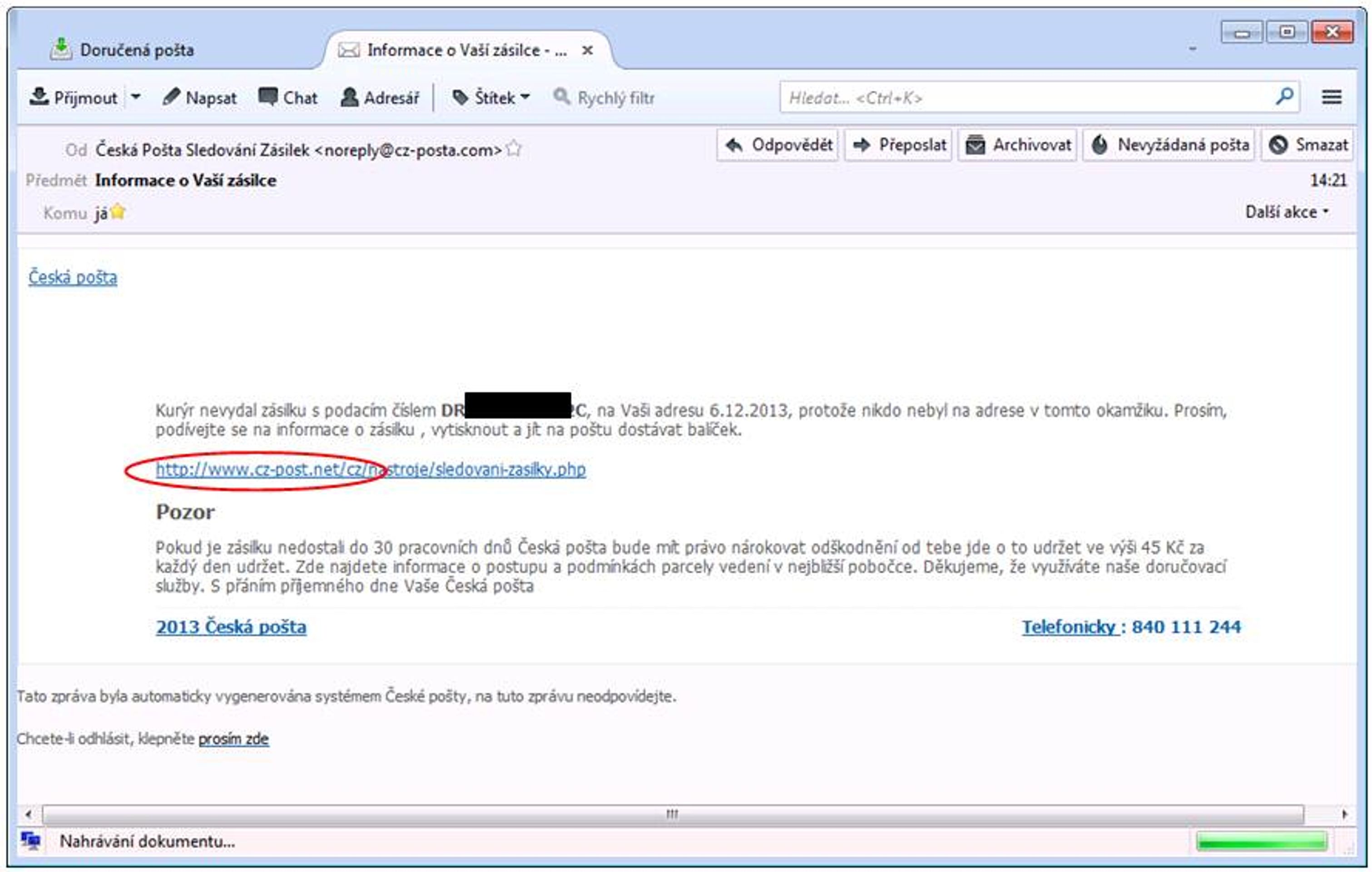 Podvodný mail se tváří jako by byl od České pošty - GALERIE: Falešný mail od České pošty (1/2)
