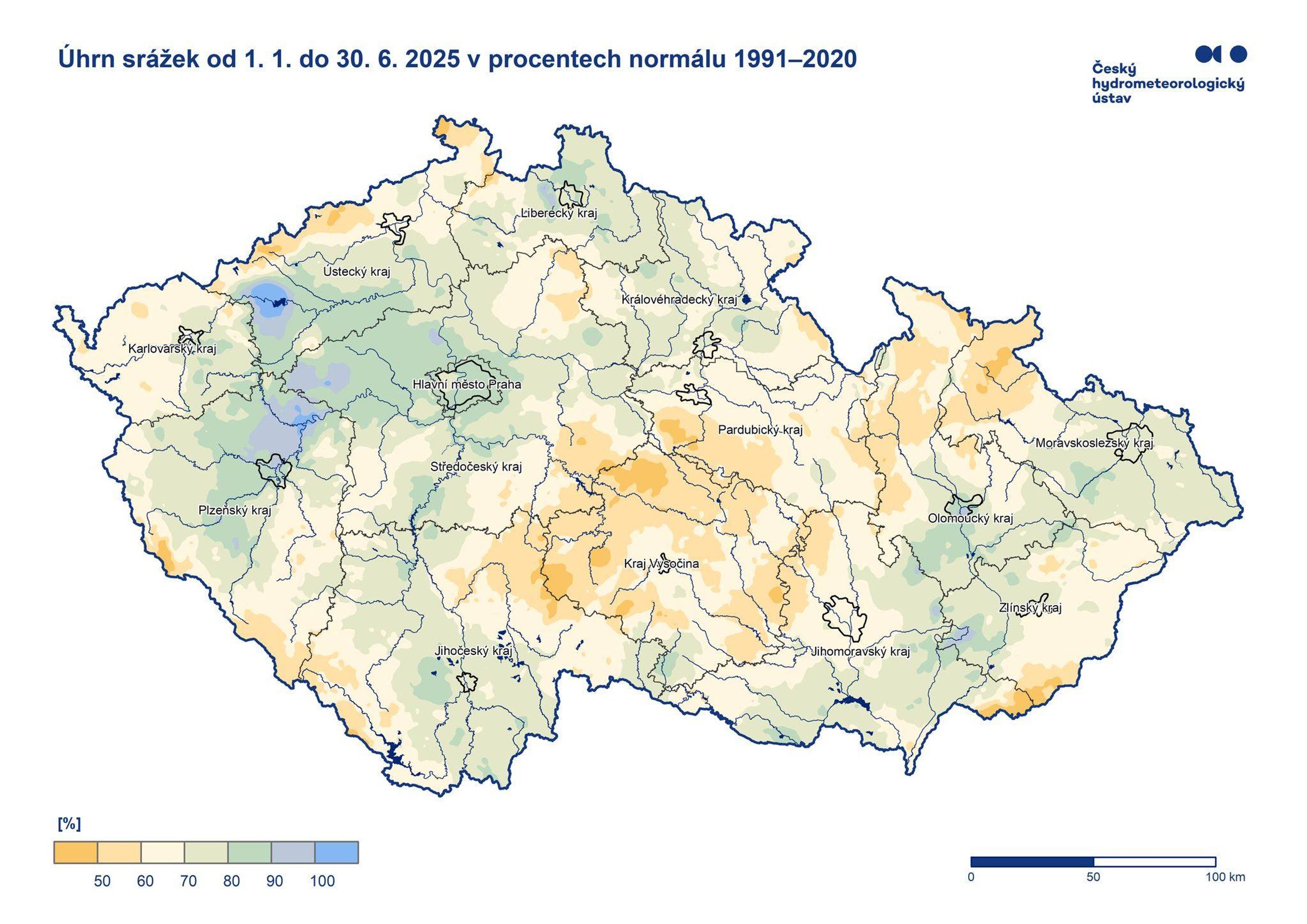 Úhrn srážek od 1. 1. do 30. 6. v procentech normálu 1961–2025 - Úhrn srážek (4/4)