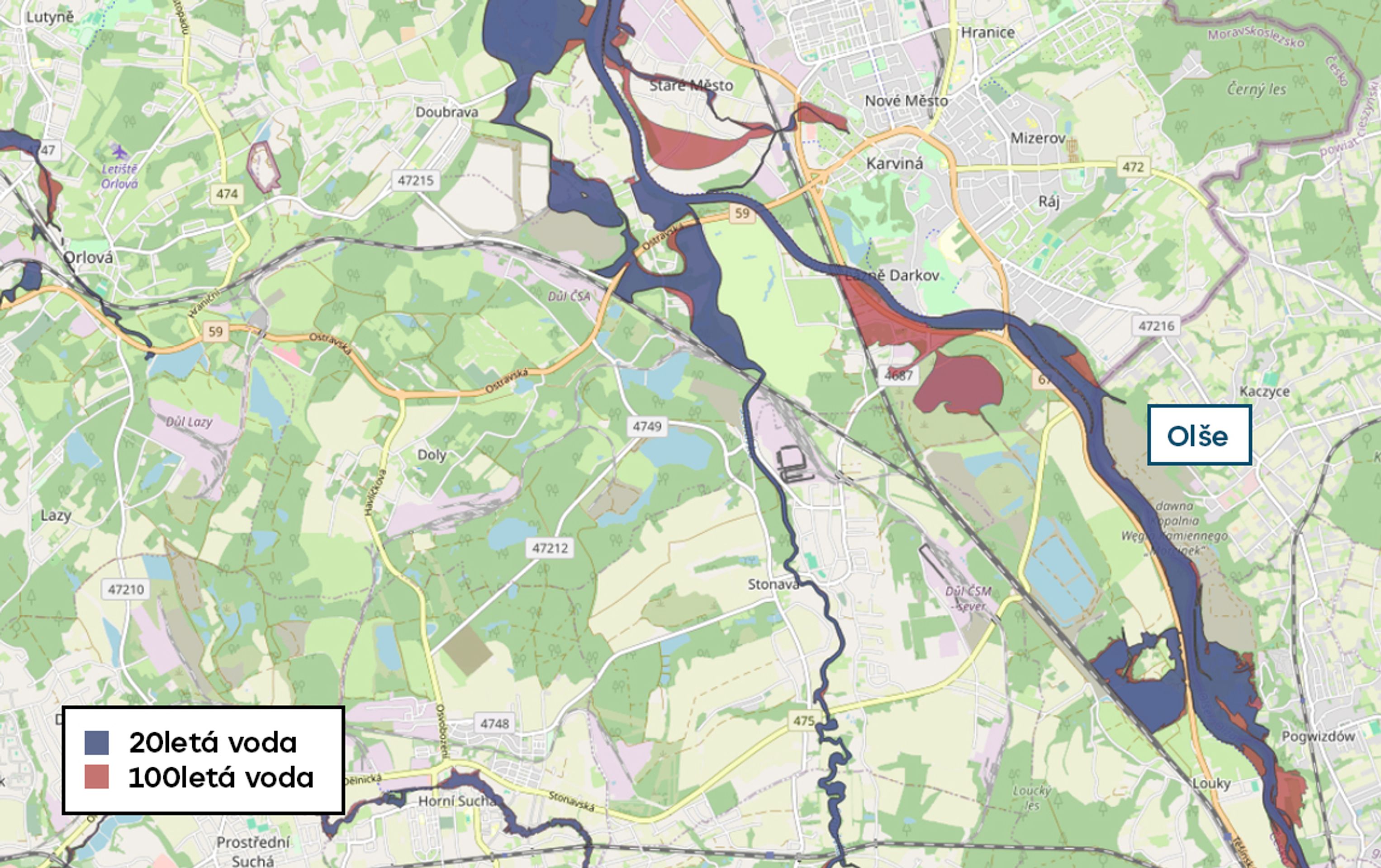Povodňové mapy - Olše.jpg - 20letá a 100letá voda (12/20)
