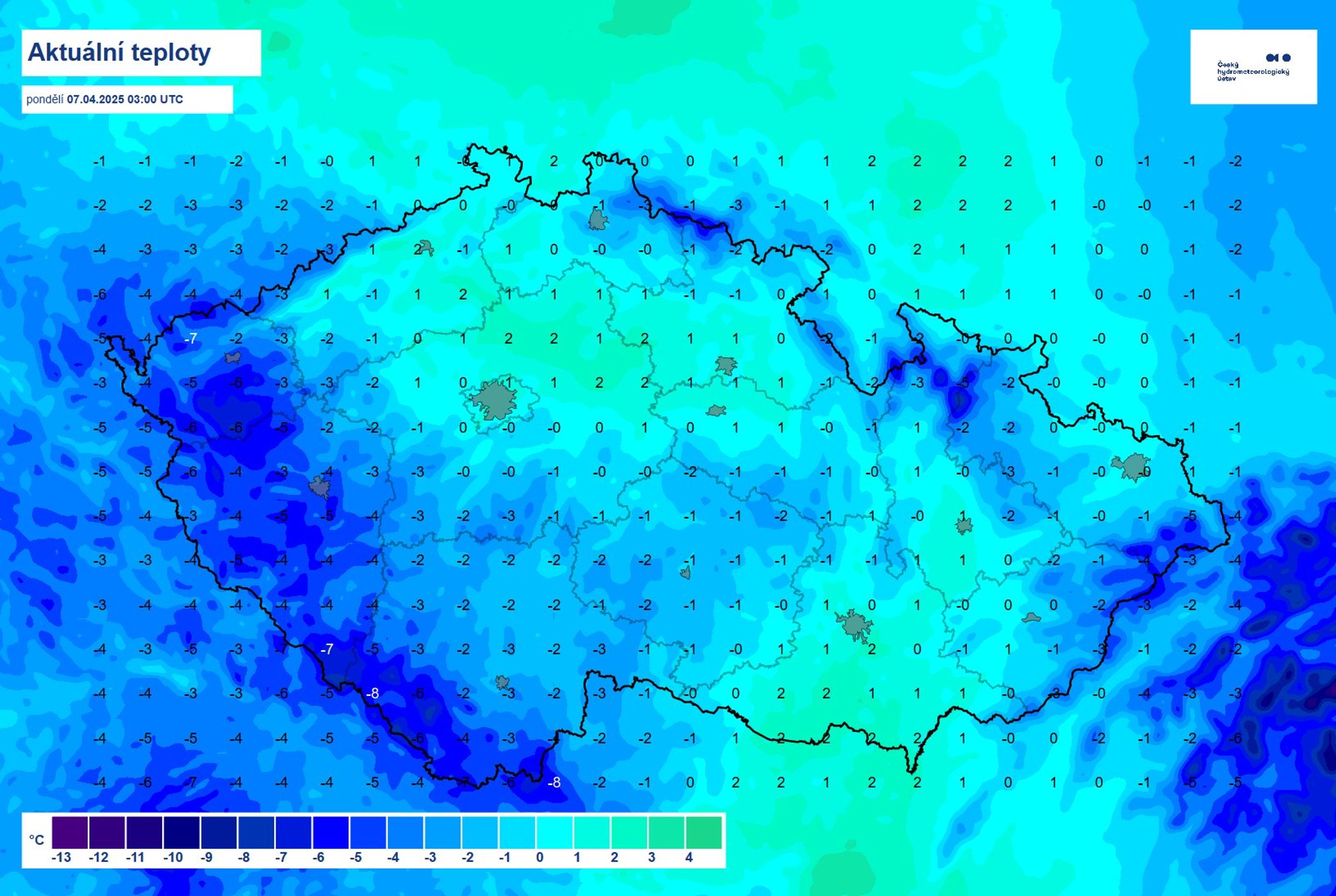 Aktuální teploty, pondělí 7. 4. 2025 - Předpověď počasí (1/4)