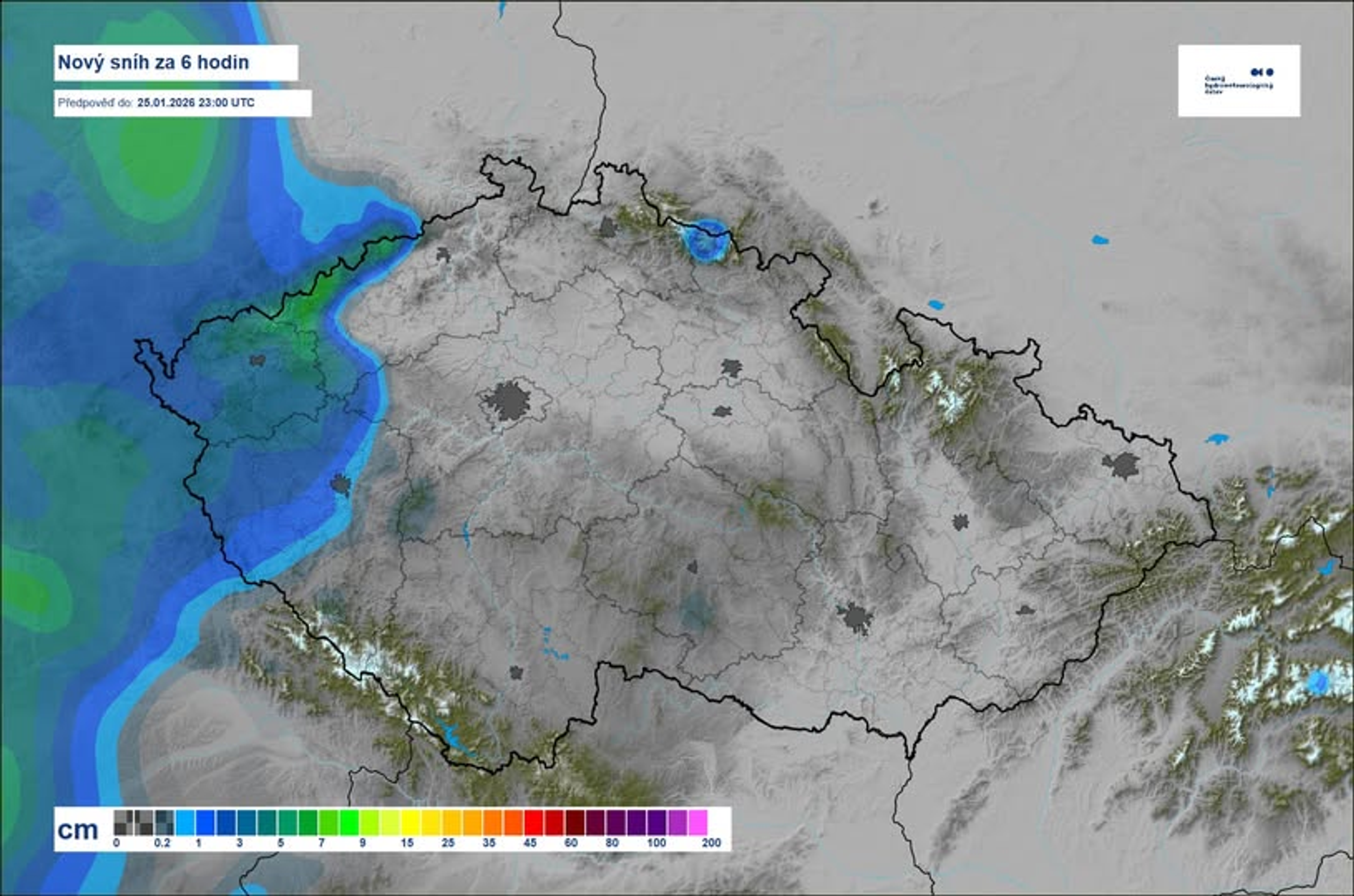 Mapa nového sněhu v neděli - Výstrahy ČHMÚ (4/4)
