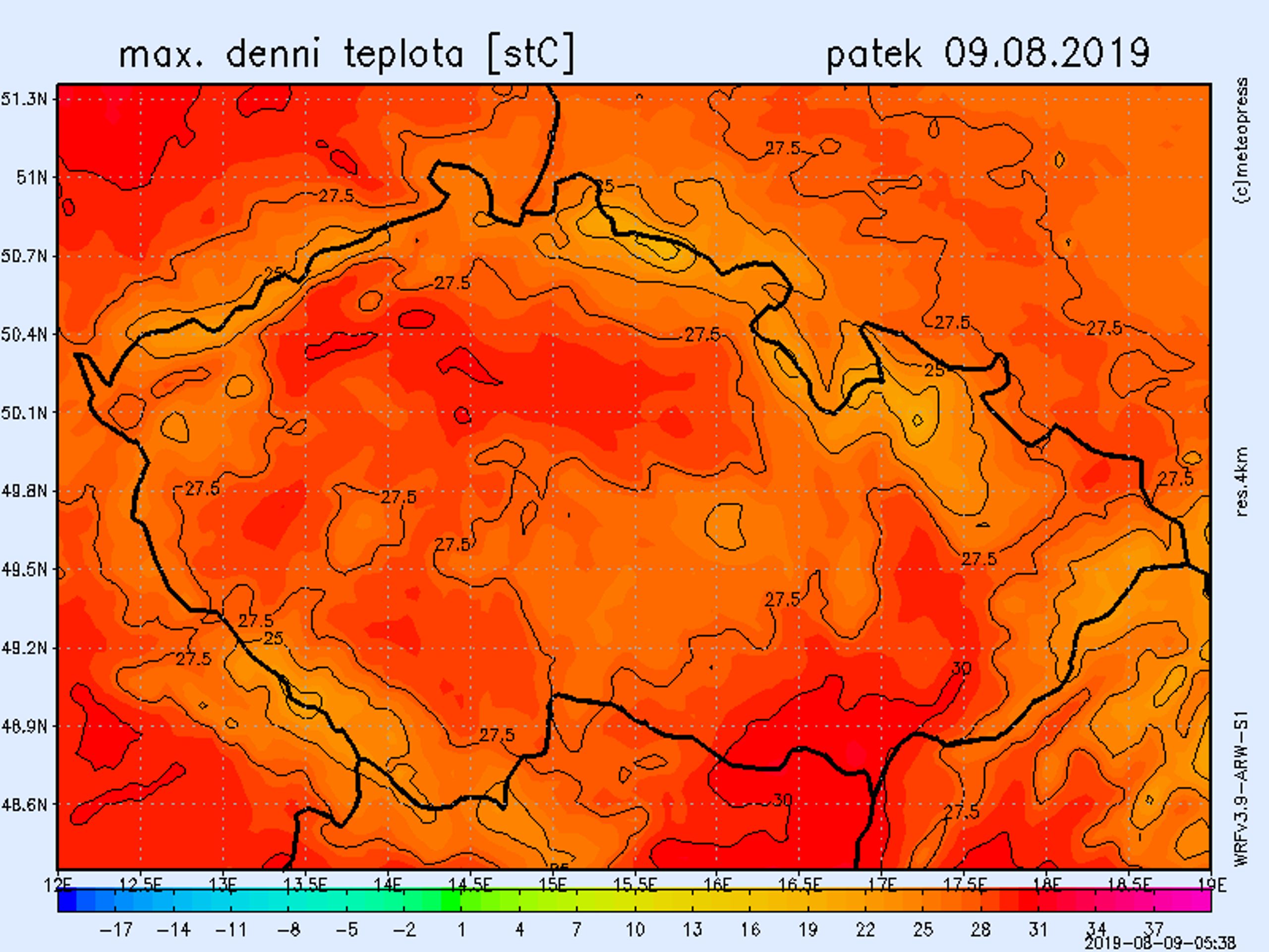 Teplotní mapa - pátek 9. 8. 2019 - GALERIE: Teplotní mapy (1/4)