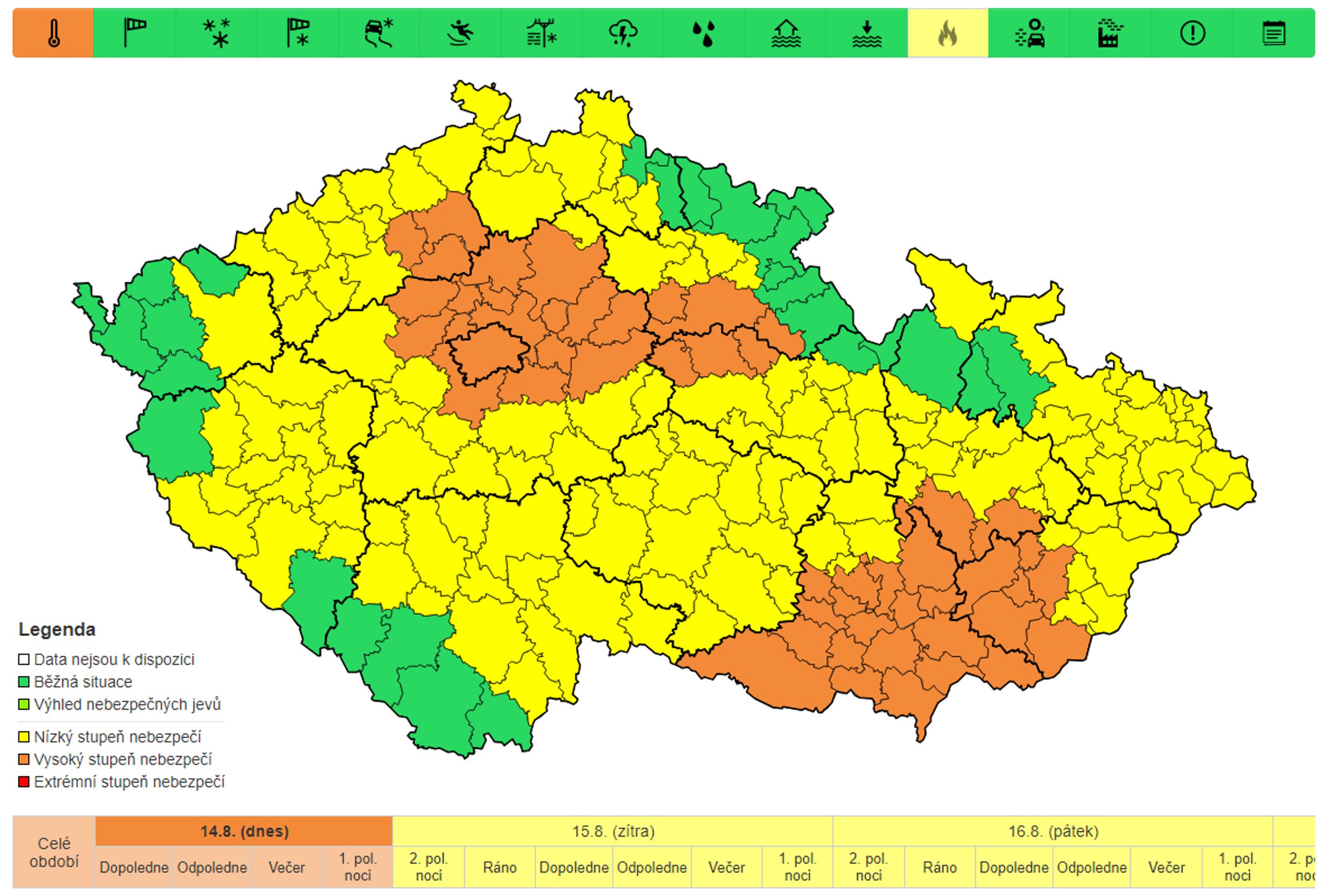 Výstraha před vysokými teplotami, dnes 14. 8. - Výstraha před vysokými teplotami (1/5)