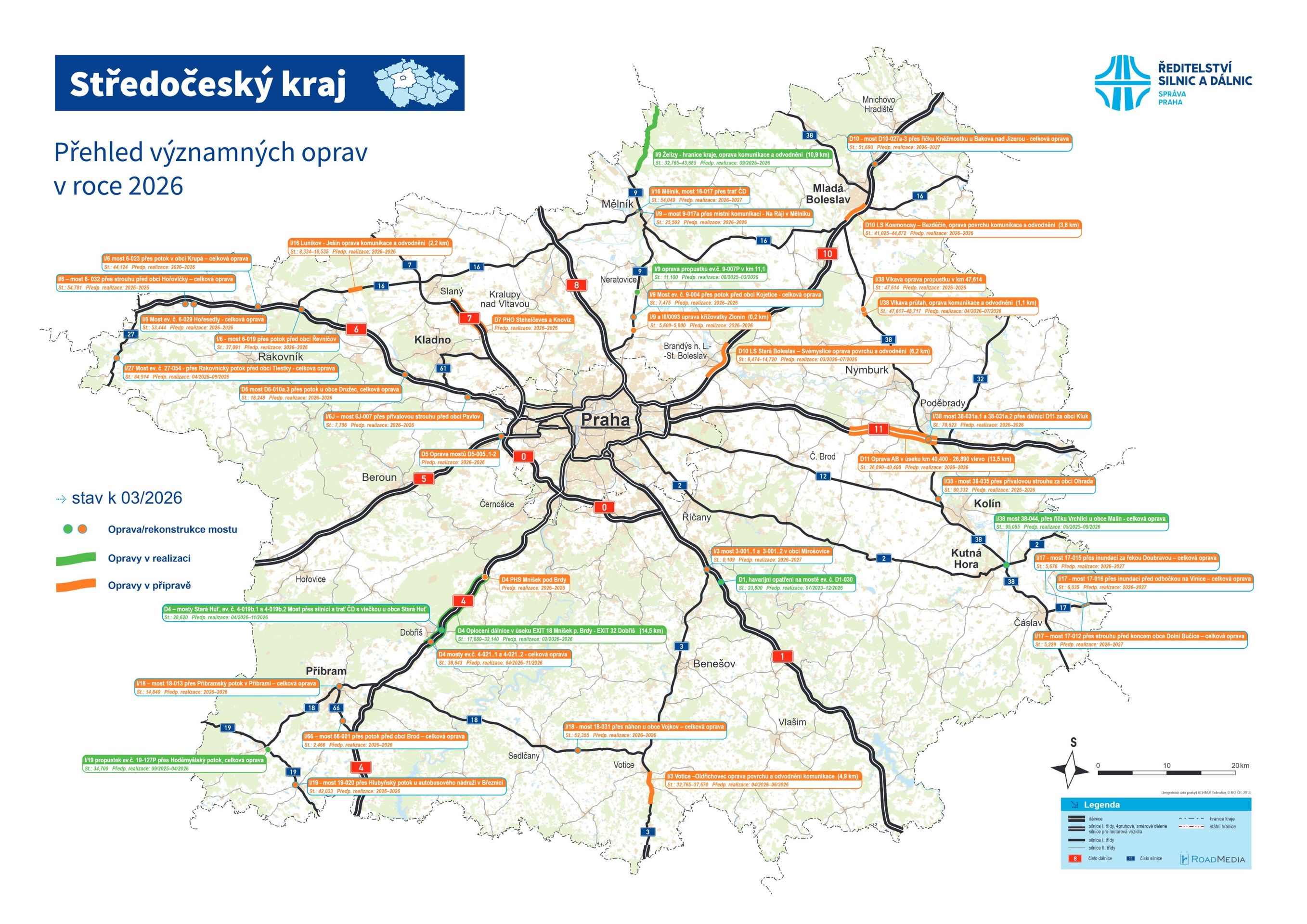 Přehled významných oprav v roce 2026 – Středočeský kraj - Stavby připravované k zahájení a přehled významných oprav v roce 2026 (2/13)