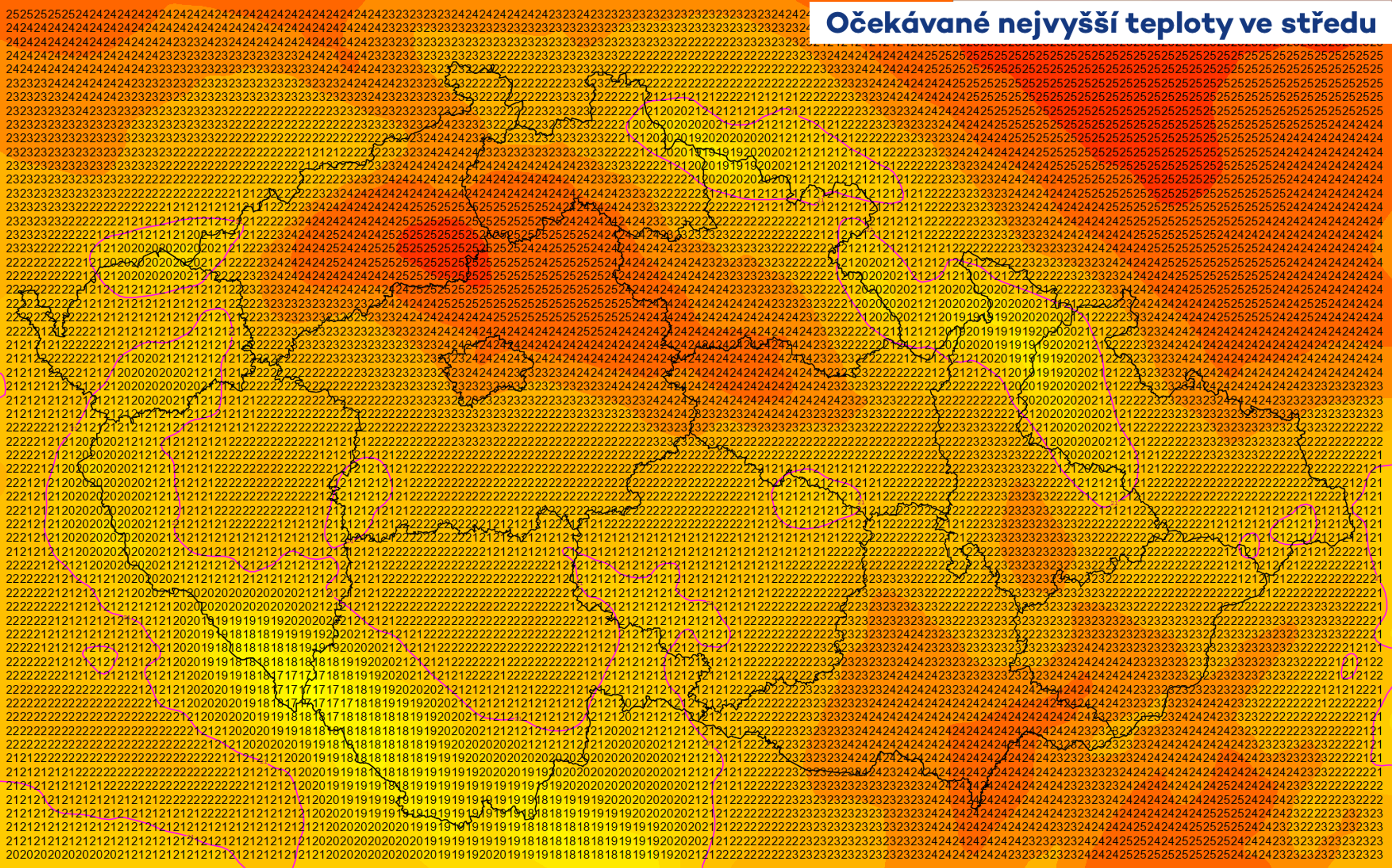 Očekávané nejvyšší teploty ve středu - Aktuální předpověď (2/3)