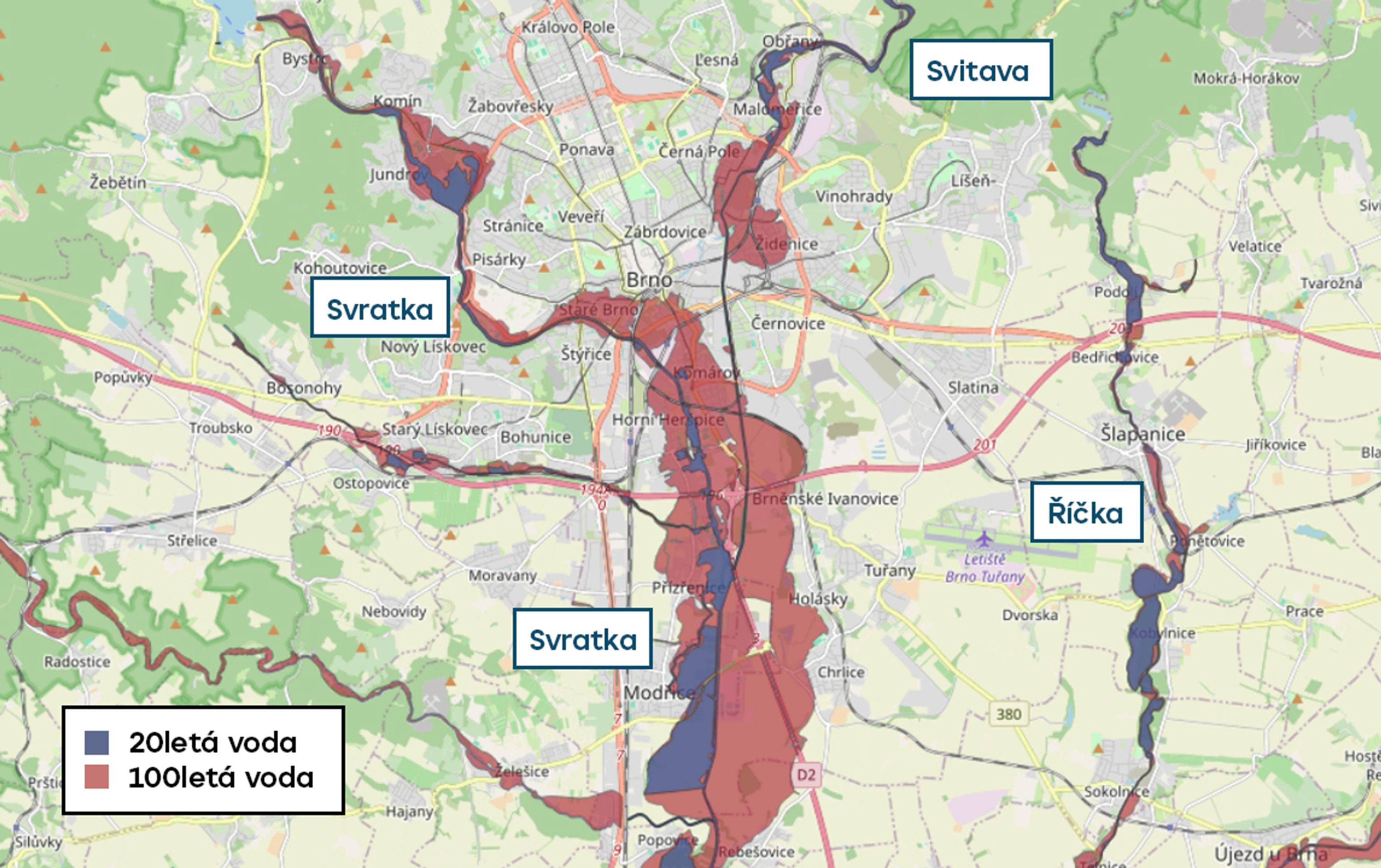 Povodňové mapy - Brno - 20letá a 100letá voda (1/20)