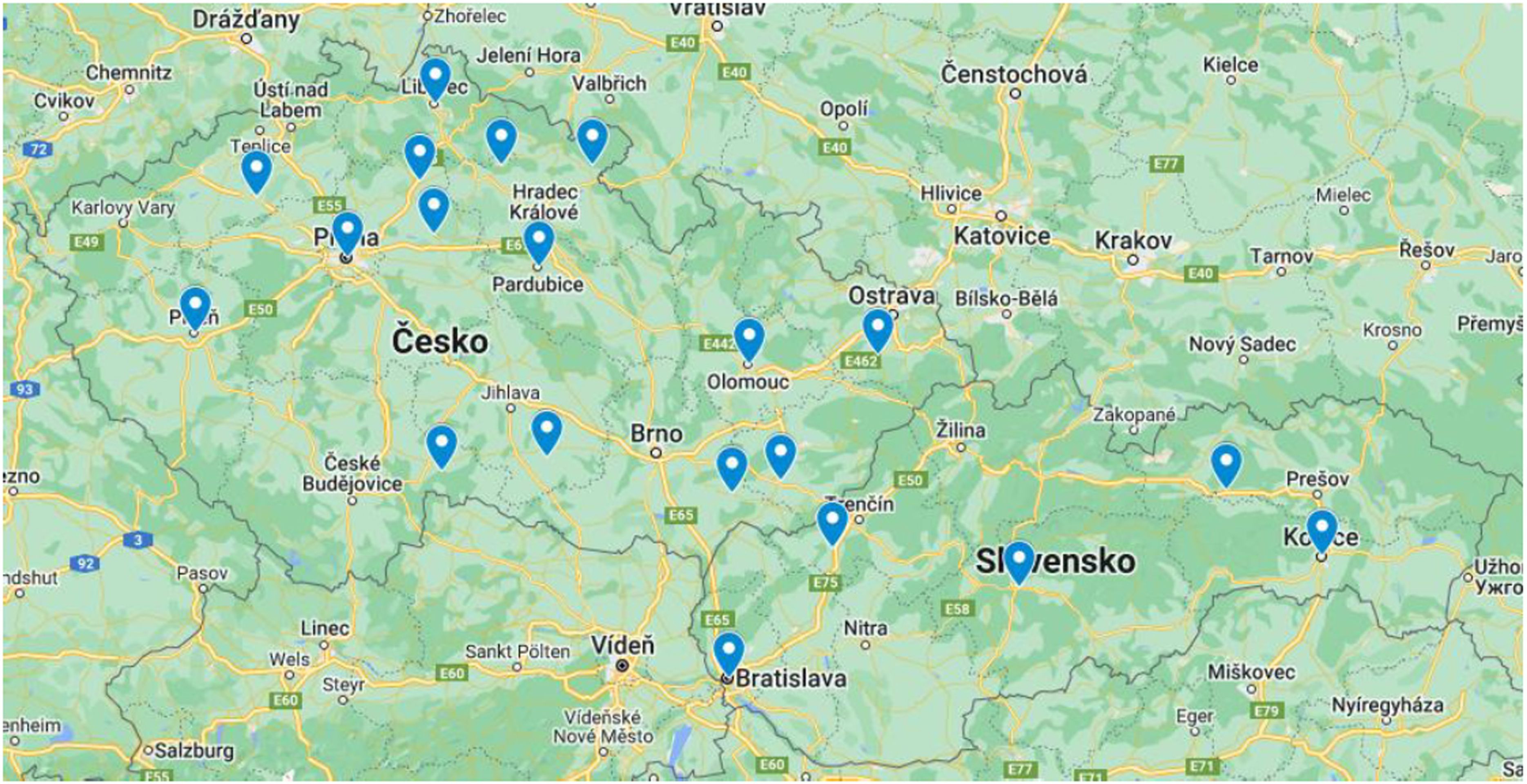 MAPA Do výzkumu se zapojilo 15 českých a 5 slovenských gymnázií - Měření kondice mládeže (3/14)