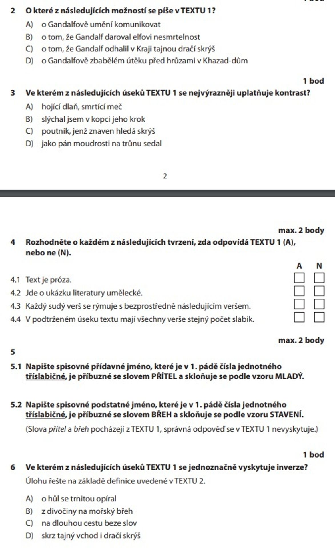Zadání testu z češtiny - přijímačky - 2 - GALERIE: Zadání testu z češtiny - čtyřleté obory SŠ (2/6)