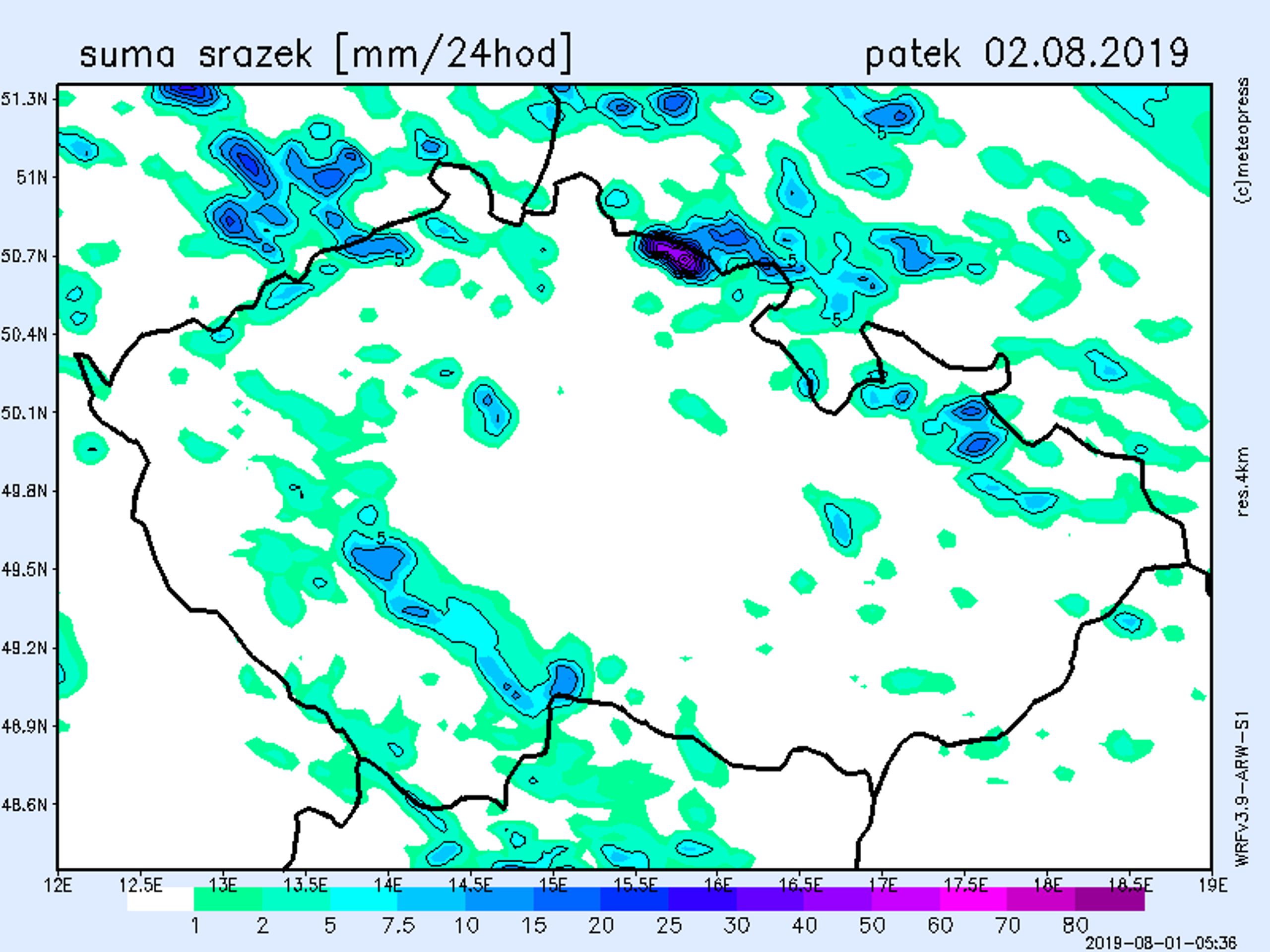 Mapa srážek - pátek 2. 8. 2019 - GALERIE: Srážkové mapy (2/4)