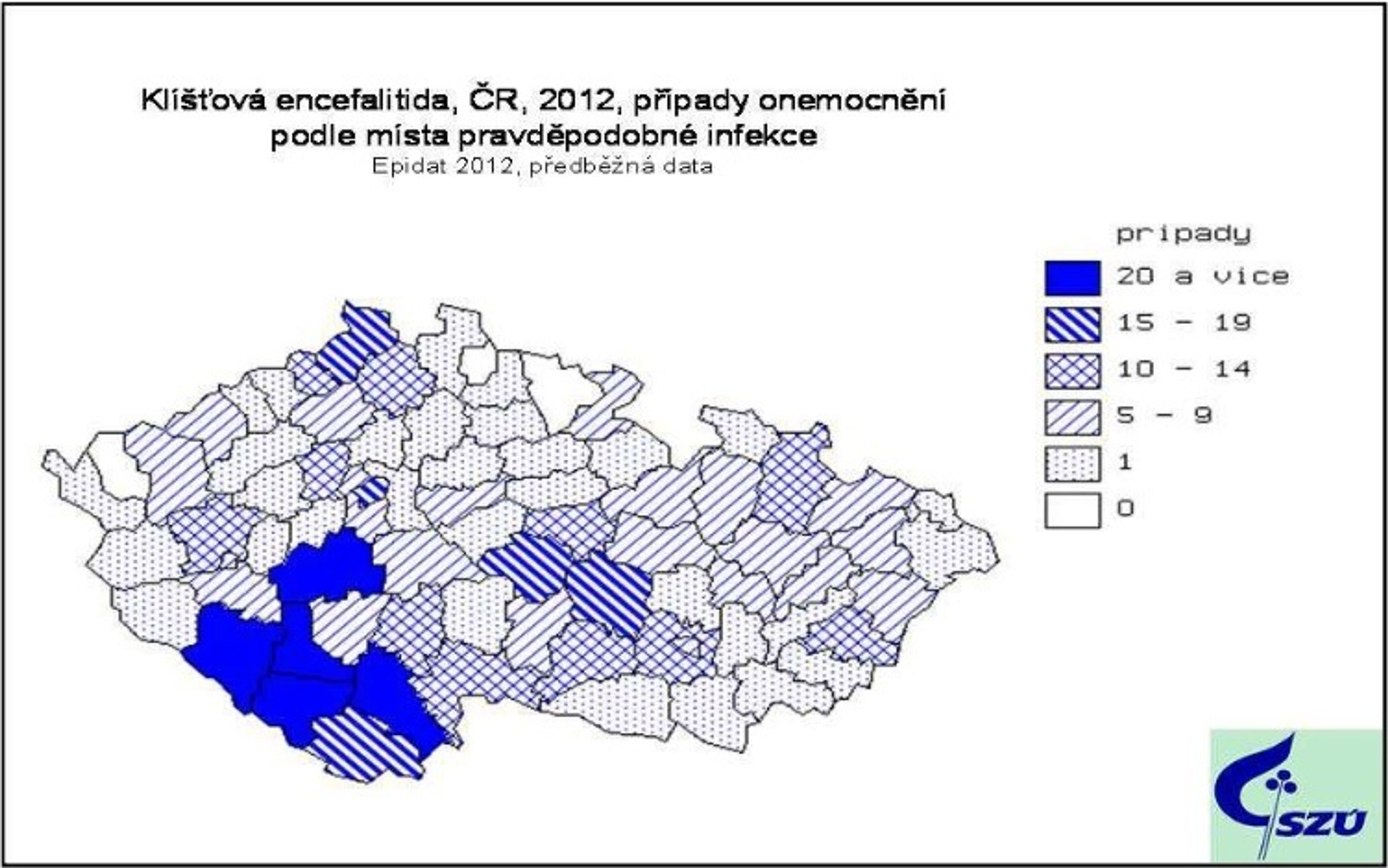 MAPY: Výskyty klíšťové encefalitidy v roce 2012 - GALERIE: MAPY: Výskyty klíšťové encefalitidy 2000 - 2012 (6/6)