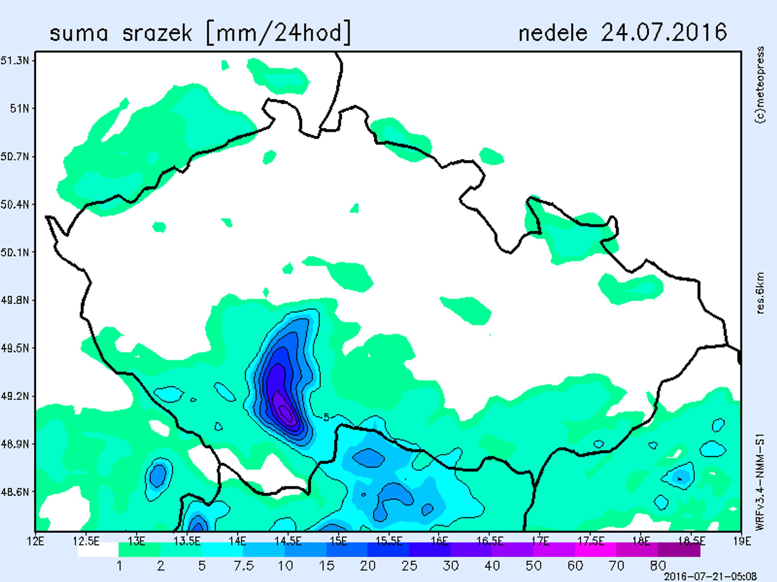 Srážková mapa - neděle 24. července - GALERIE: Srážkové mapy od 21. do 24. července (4/4)