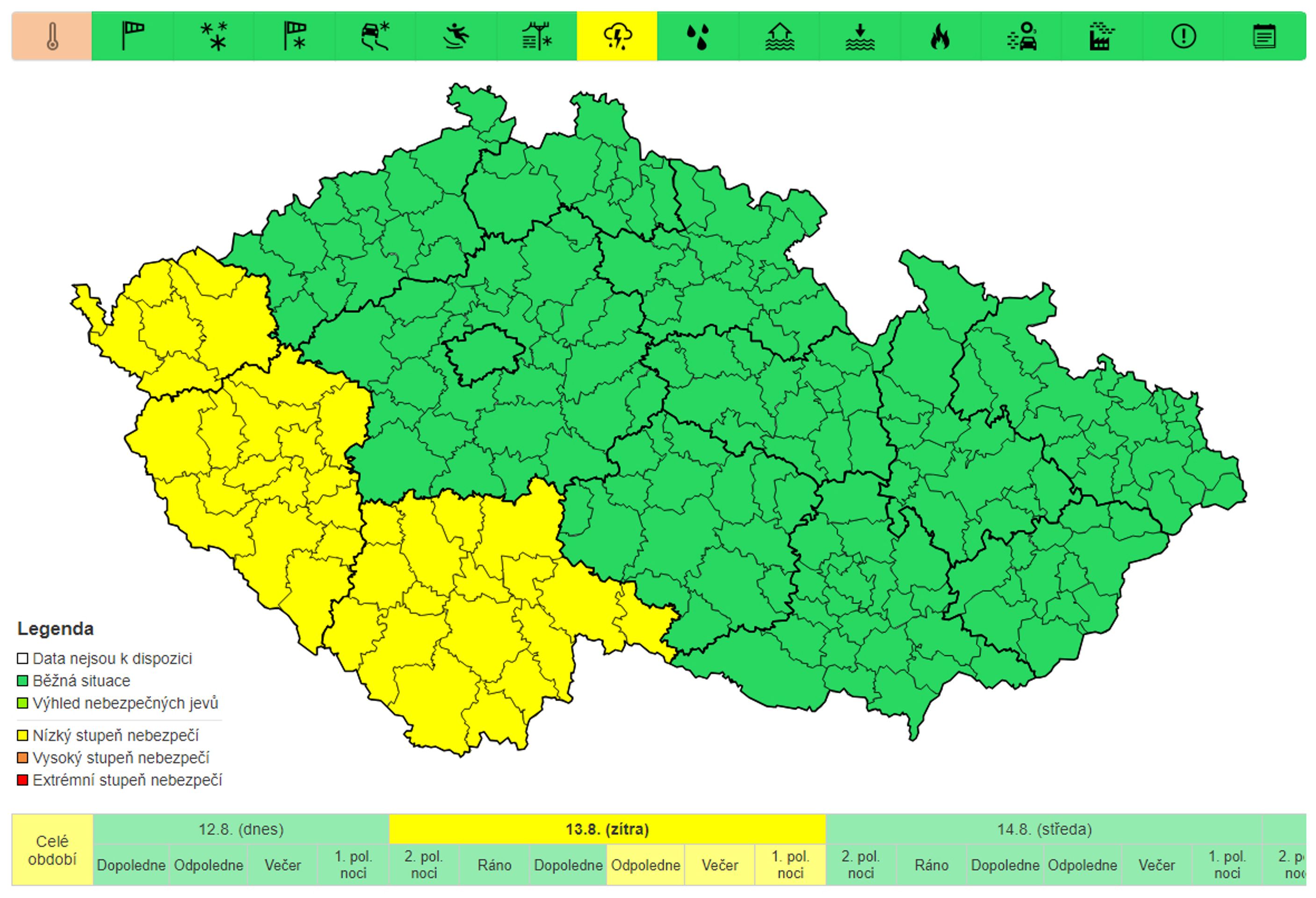 Varování před bouřkami, úterý 13. 8. - Výstrahy na nejbližší dny (3/4)
