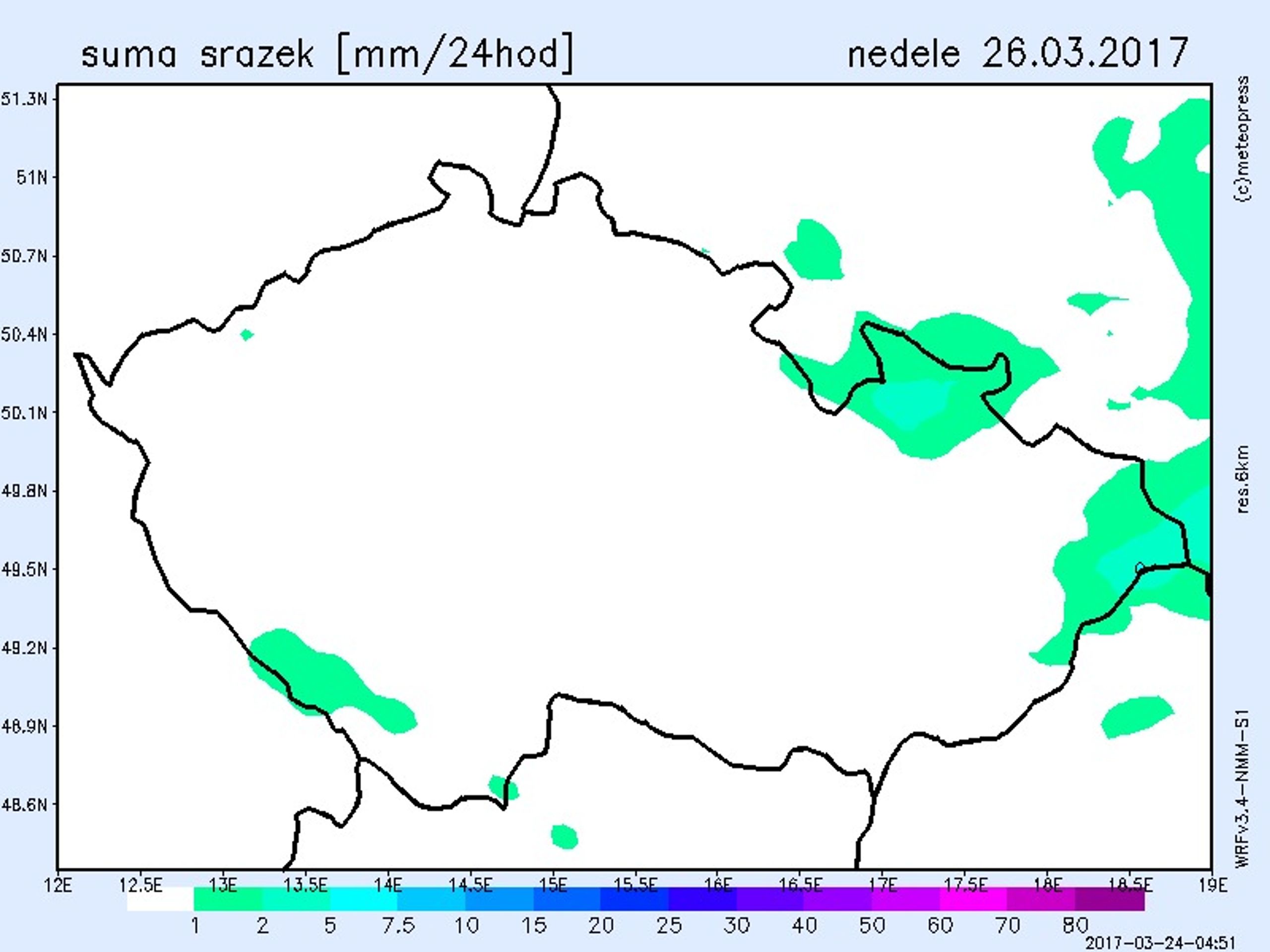Srážková mapa - neděle - GALERIE: Mapy počasí (6/6)