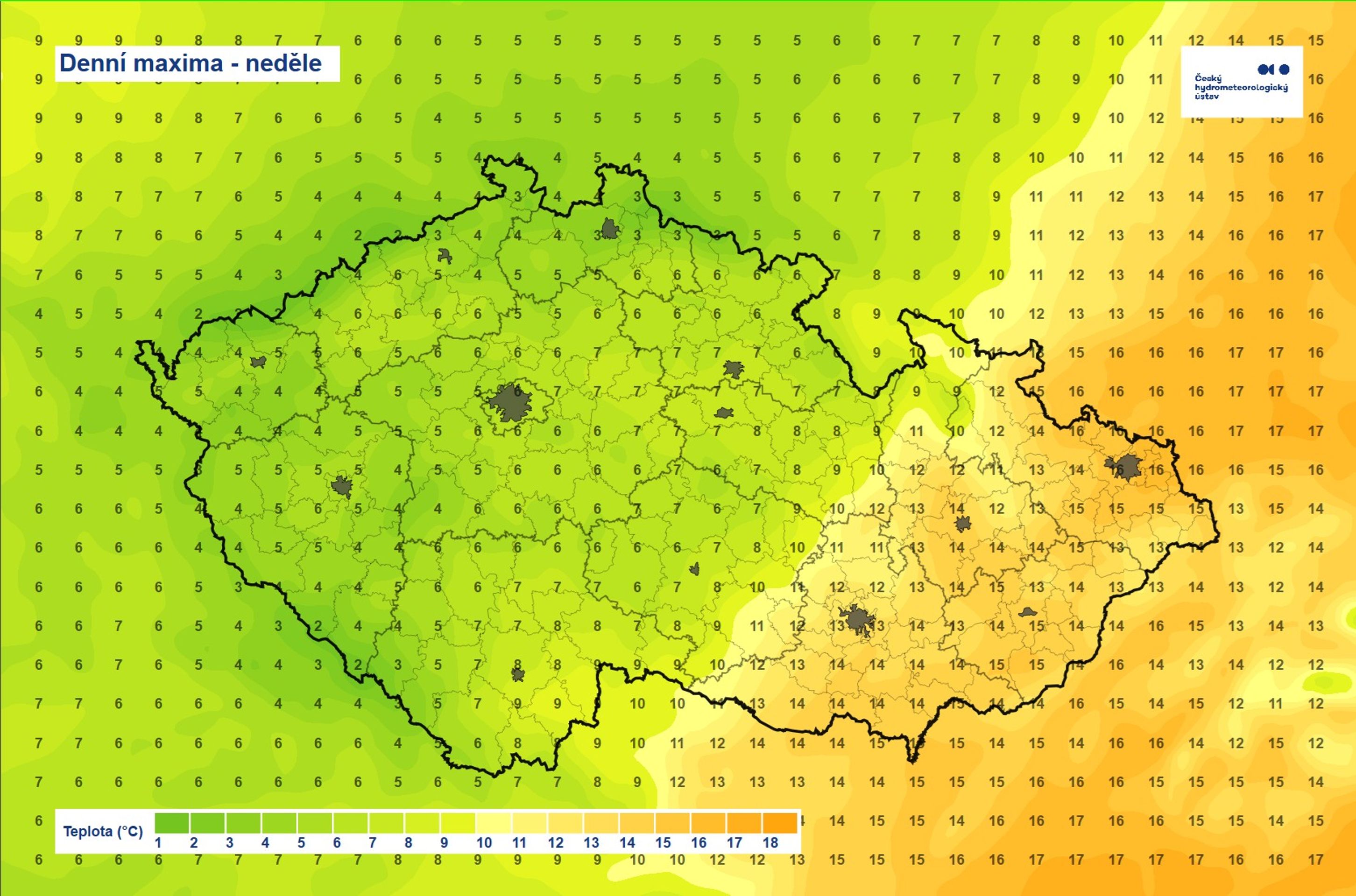 Mapa – Denní maxima během neděle - Víkendové počasí (3/3)