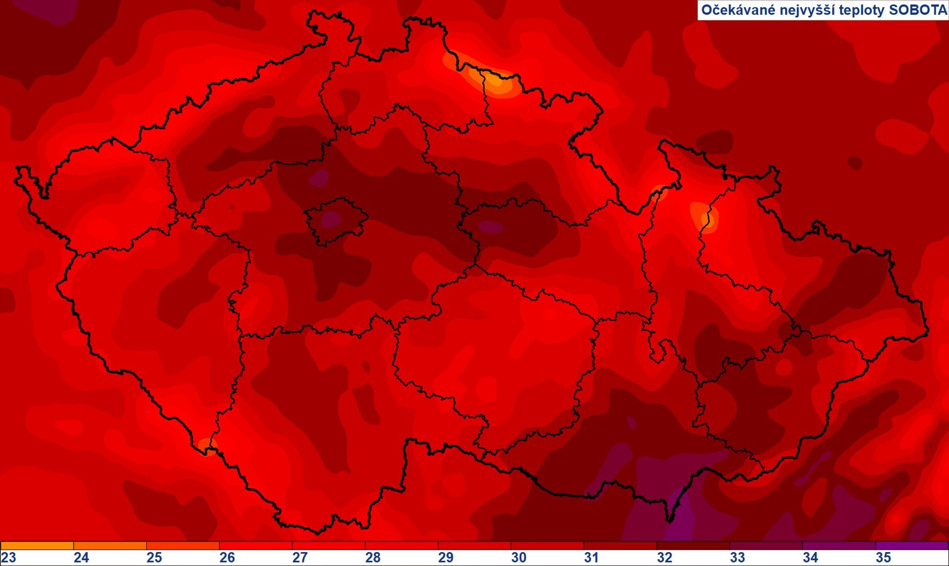 Očekávané nejvyšší teploty v sobotu 24. srpna - Počasí na sobotu 24. a nedělí 25. srpna (1/3)
