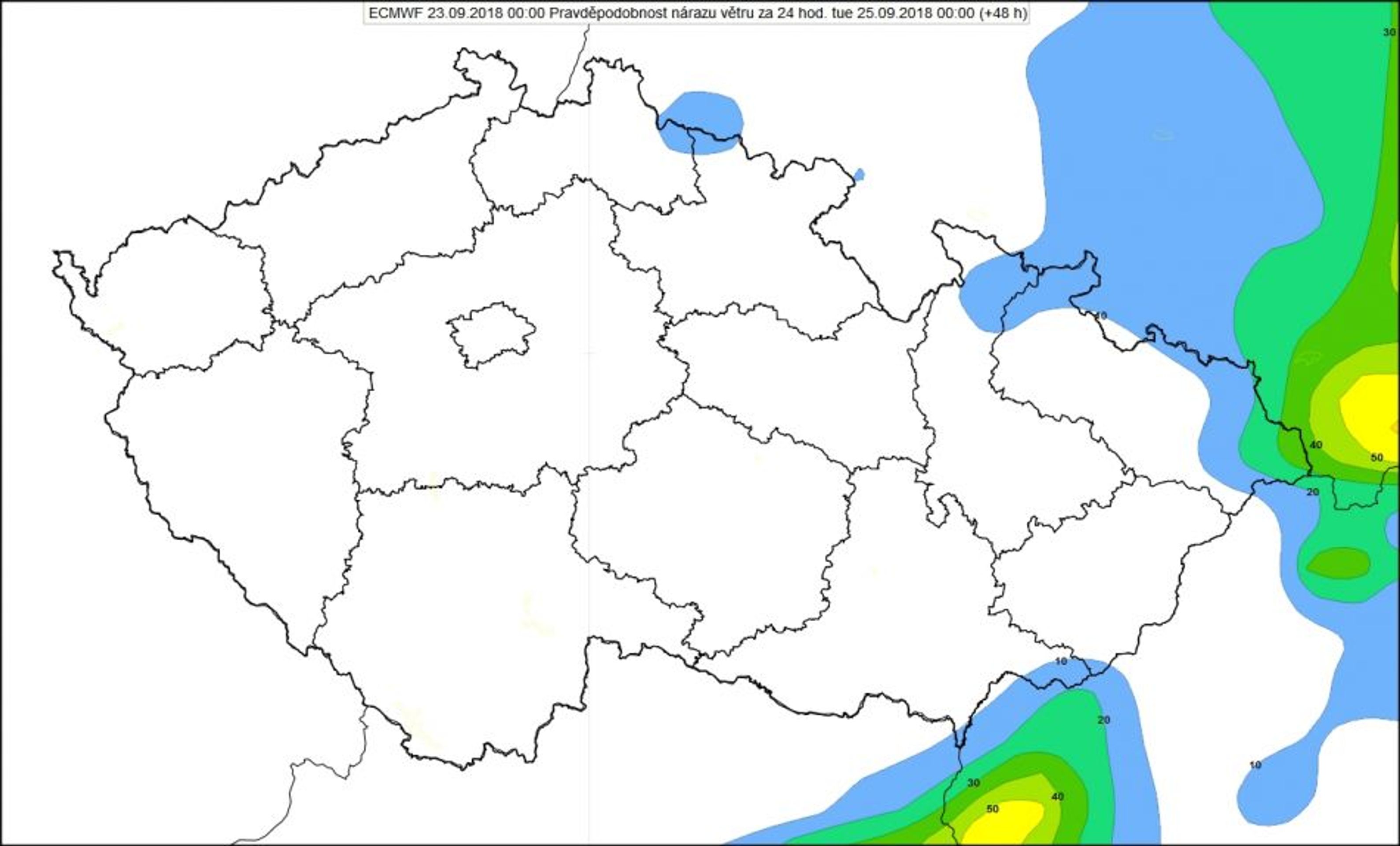 Pravděpodobnost nárazu větru nad 25 m/s od půlnoci v pondělí do půlnoci v úterý 25. září 2018 - GALERIE: Mapa pravděpodobnosti silných nárazů větru v ČR (4/4)
