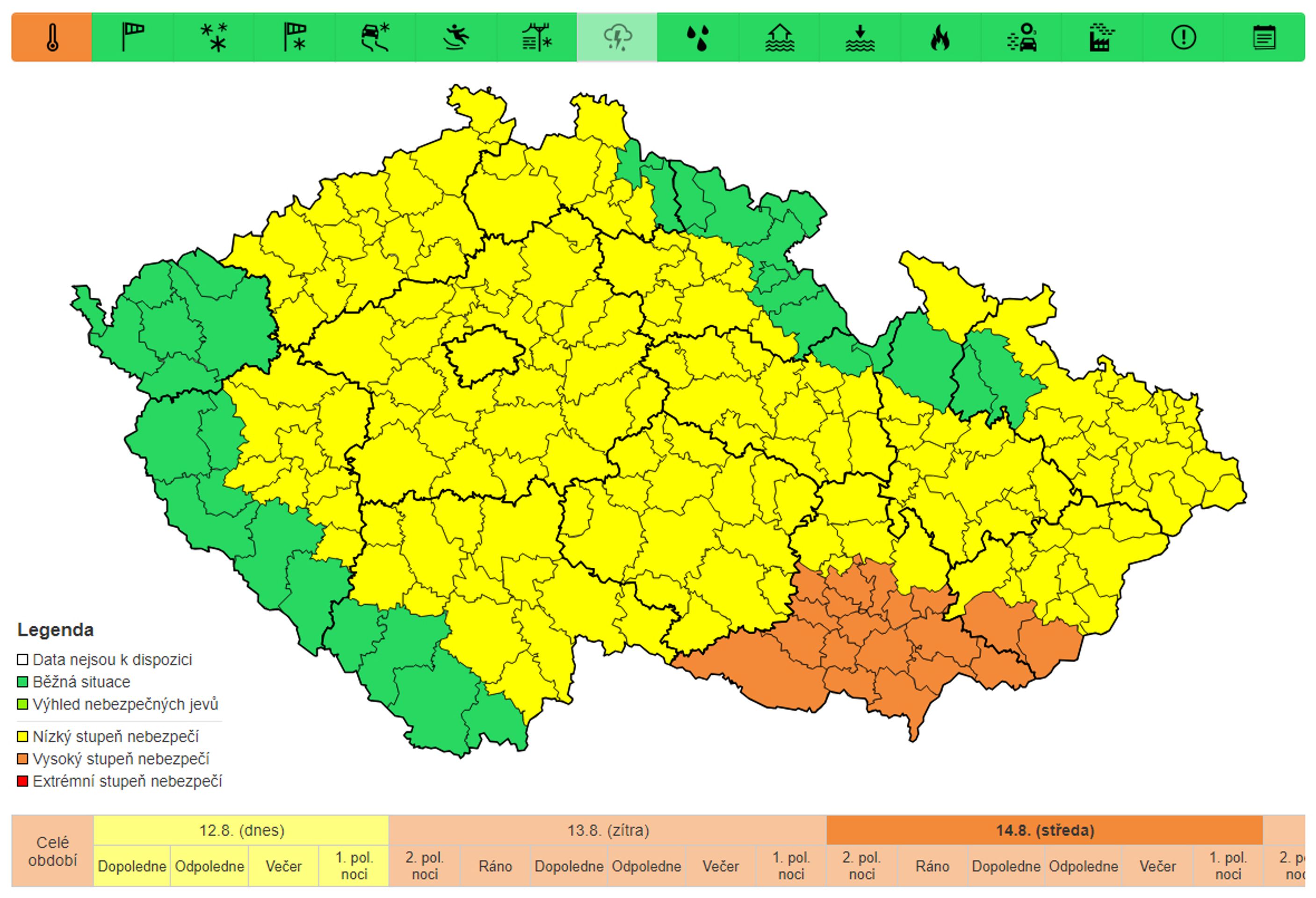 Výstraha před vysokými teplotami, středa 14. 8. - Výstrahy na nejbližší dny (4/4)