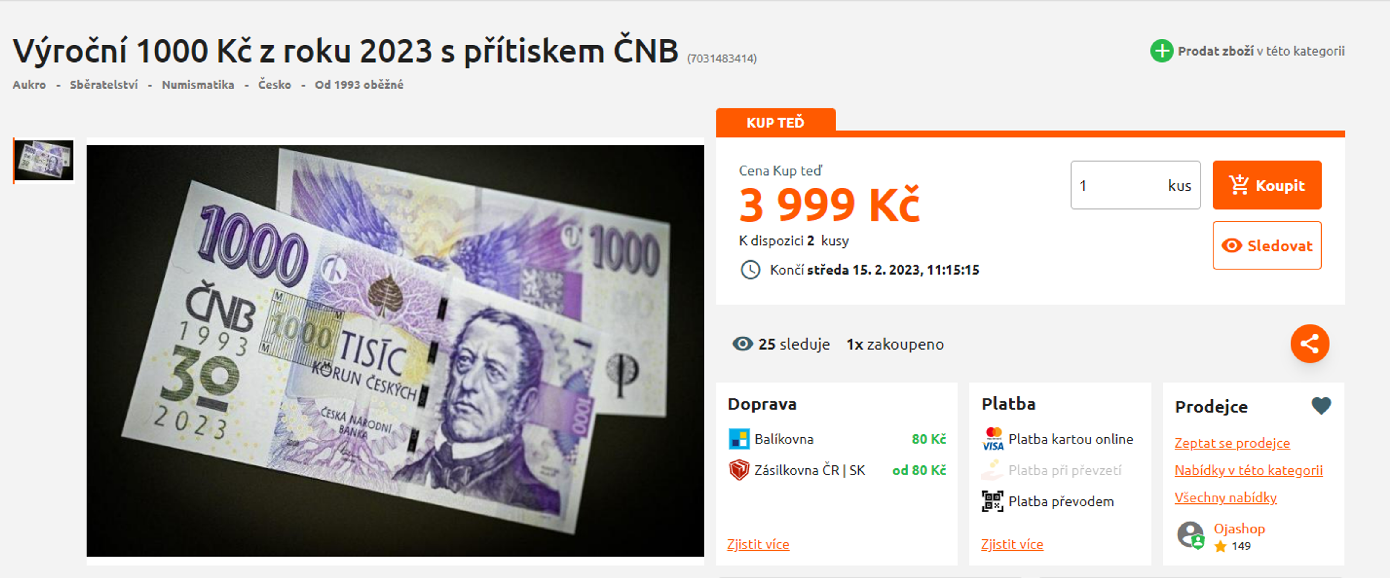 Nabídka prodeje výroční tisícikoruny 4 - Nabídky prodeje výročních tisícikorun (3/5)