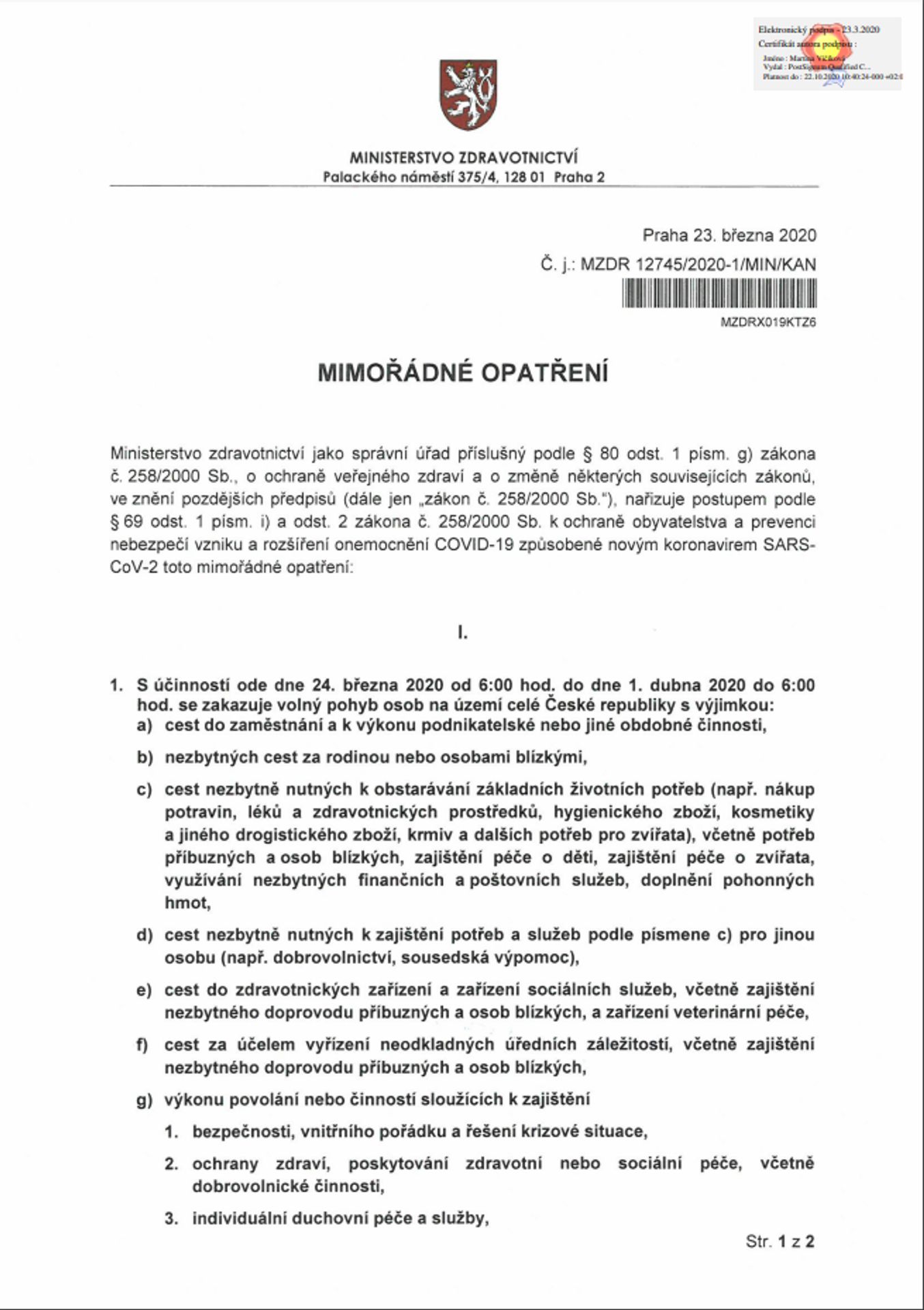 Opatření MZČR ze dne 23. 3. 2020 - GALERIE: Opatření Ministerstva zdravotnictví ze dne 23. 3. (1/2)