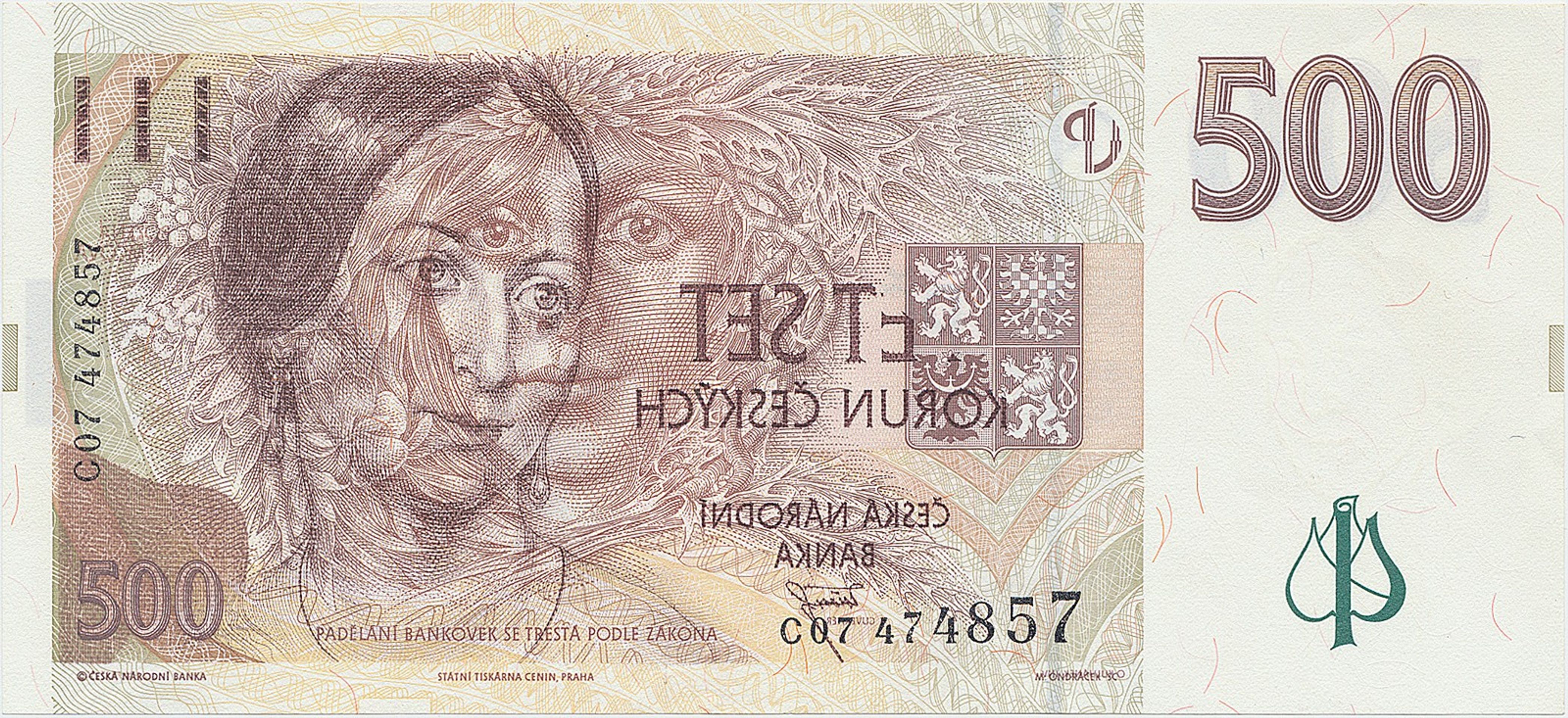 ČR, 500korunová bankovka, chybotisk, 1997, vyvolávací cena 15 000 Kč (1) - Aukce mincí a bankovek (6/20)