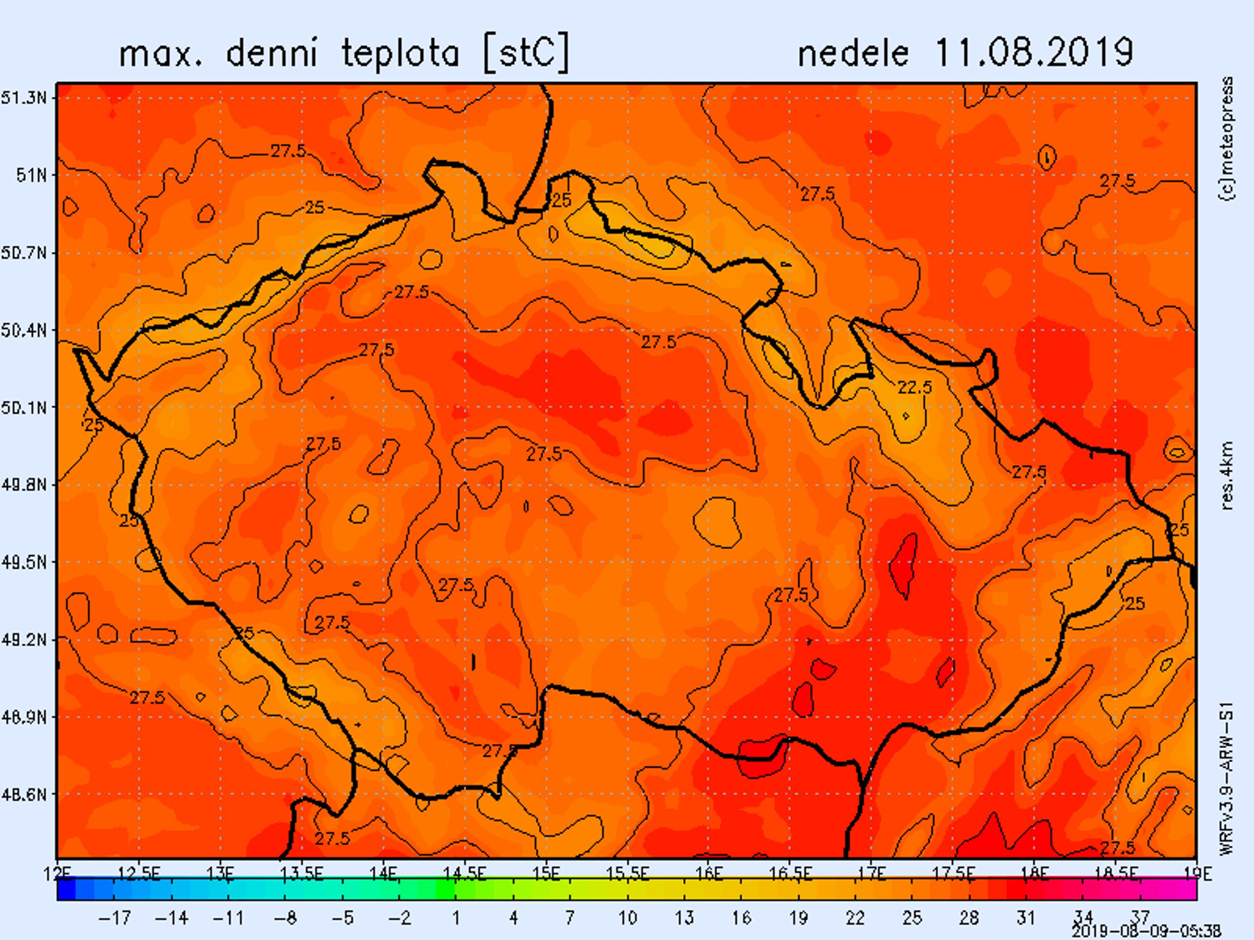 Teplotní mapa - neděle 11. 8. 2019 - GALERIE: Teplotní mapy (3/4)