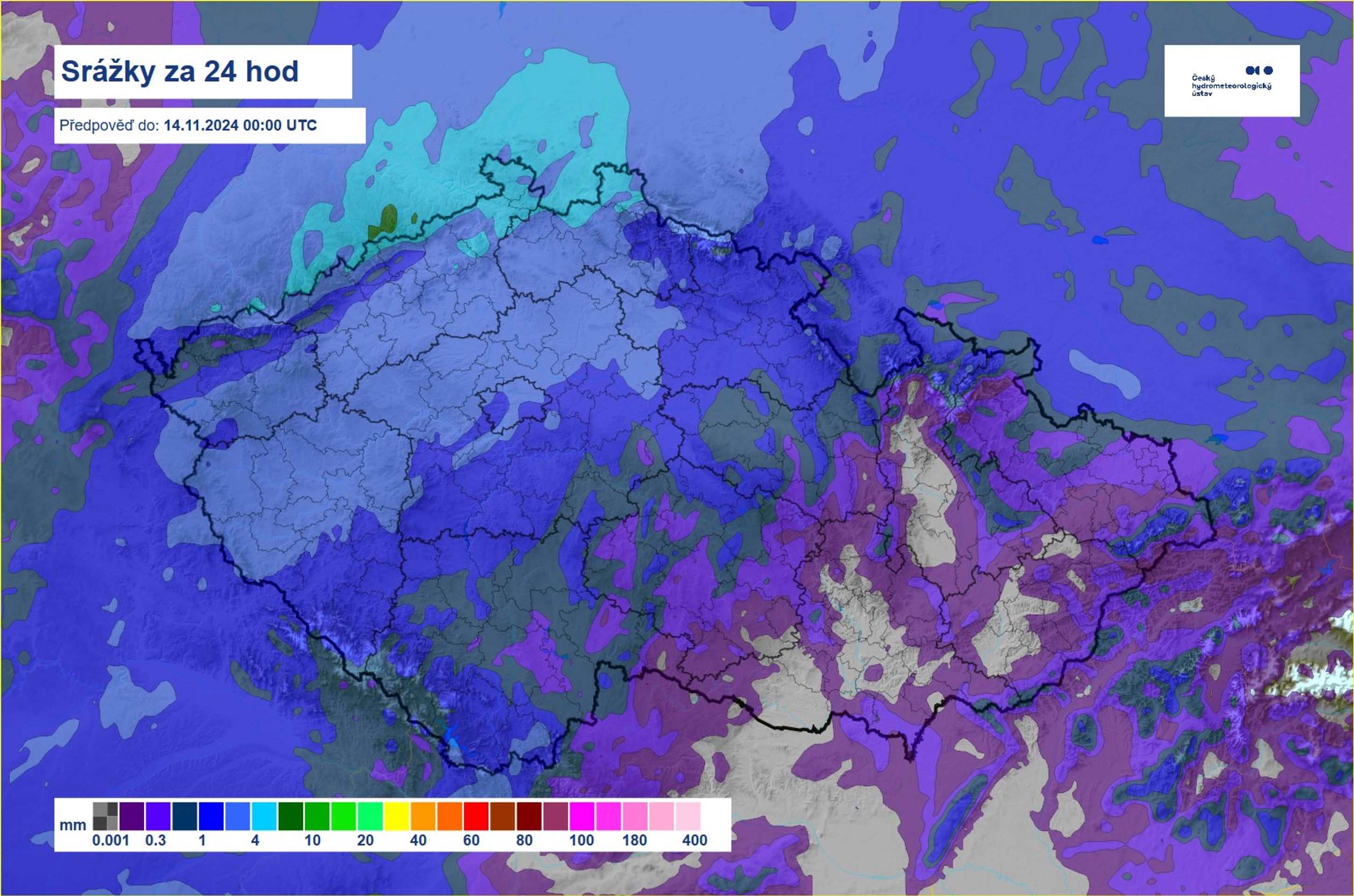 Srážky za 24 hodin 14. 11. 2024 - Předpověď počasí (2/6)