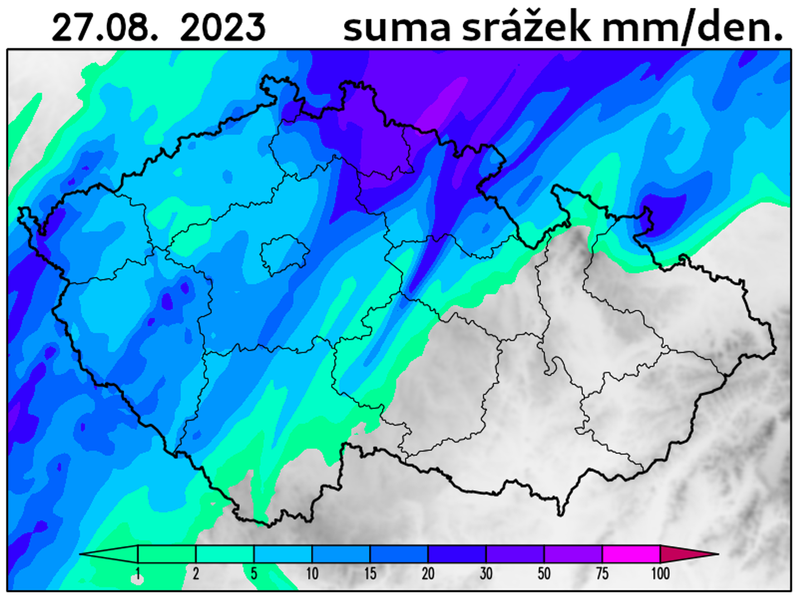 Mapa deště 27. 8. - Výstraha a mapa deště (2/2)