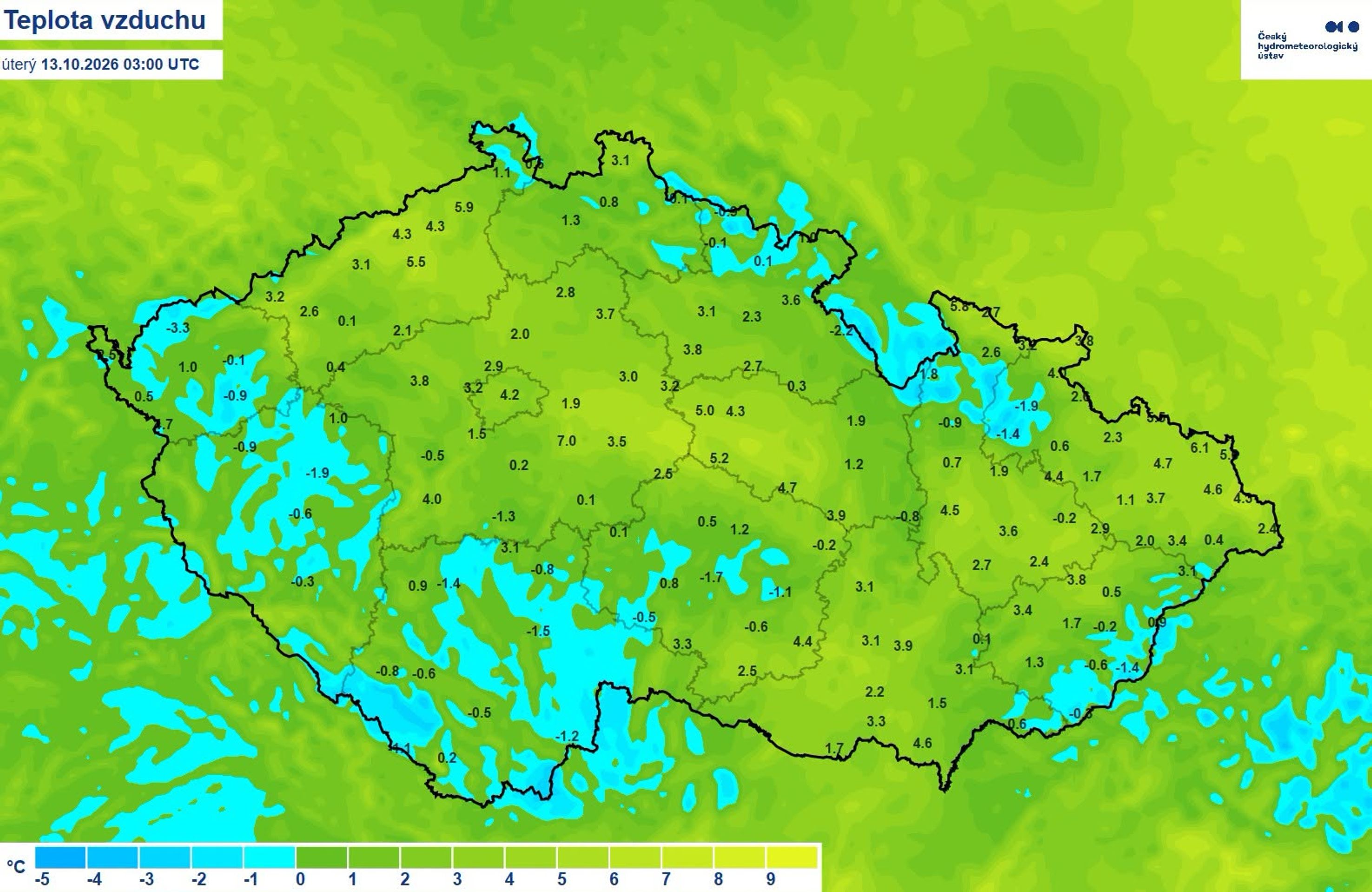 Teplota vzduchu v úterý 13. 10. 2026 v 5:00 - Počasí v úterý 13. 10. 2026 (1/4)