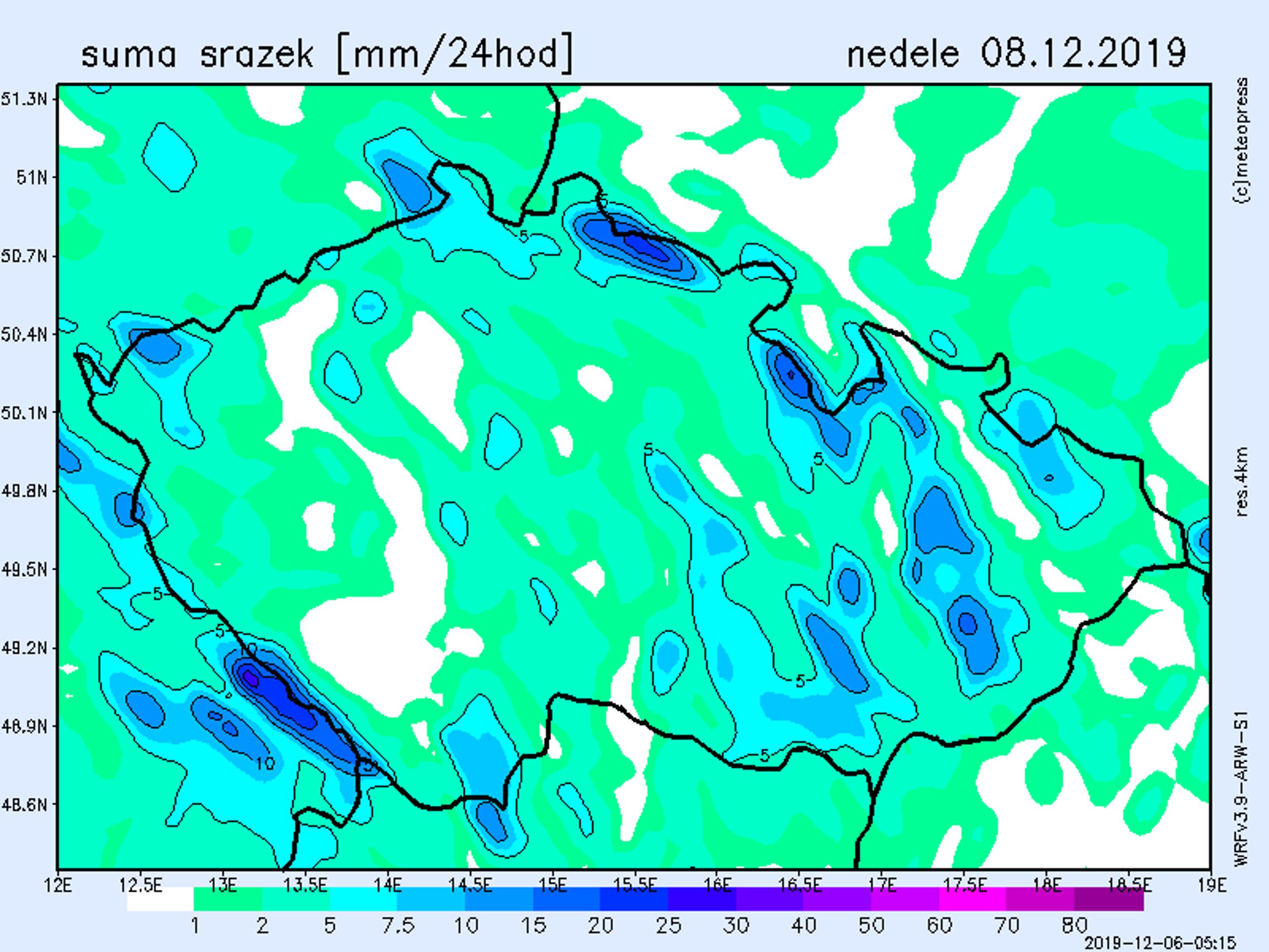 Srážkové mapy - neděle 8. 12. 2019 - GALERIE: V Česku napadne čerstvý sníh (3/4)