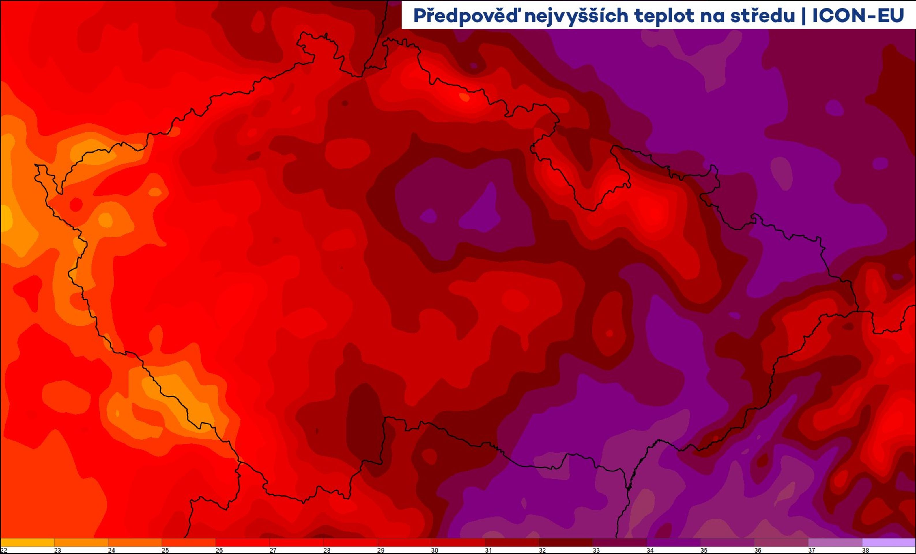 Předpověď nejvyšších teplot na středu - Vlna veder v Evropě (3/3)