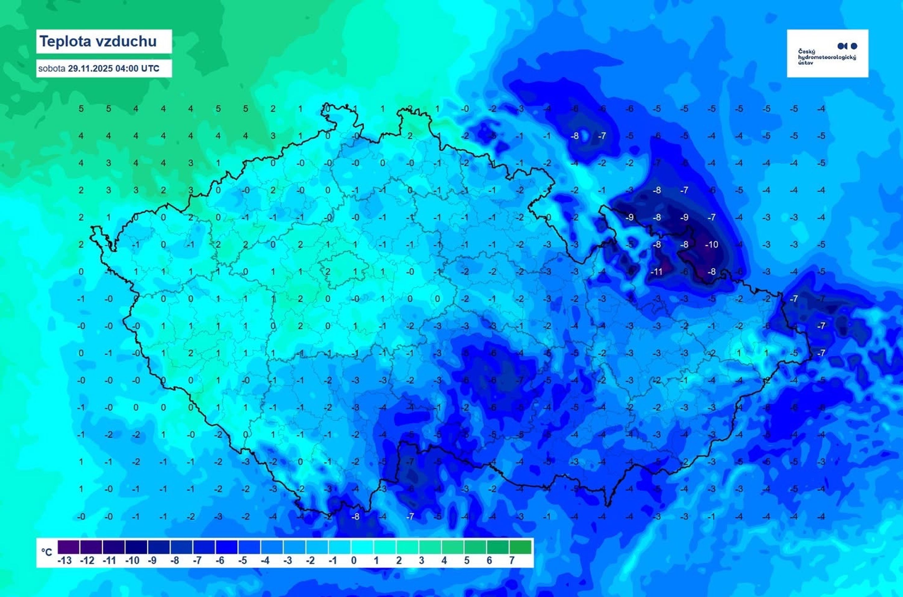 Mapa teploty vzduchu - Mapy ČHMÚ pro sobotu (4/4)