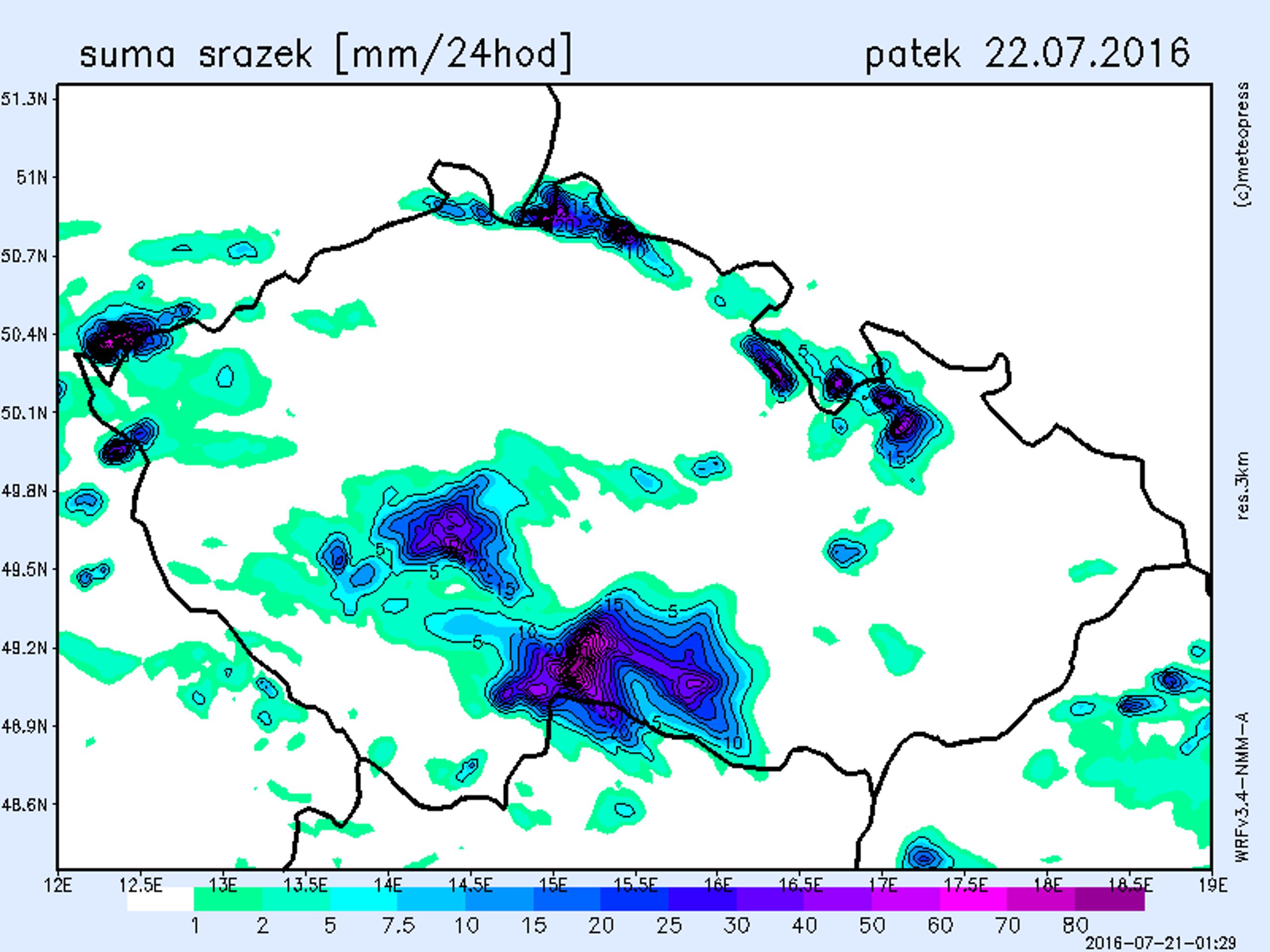 Srážková mapa - pátek 22. července - GALERIE: Srážkové mapy od 21. do 24. července (2/4)