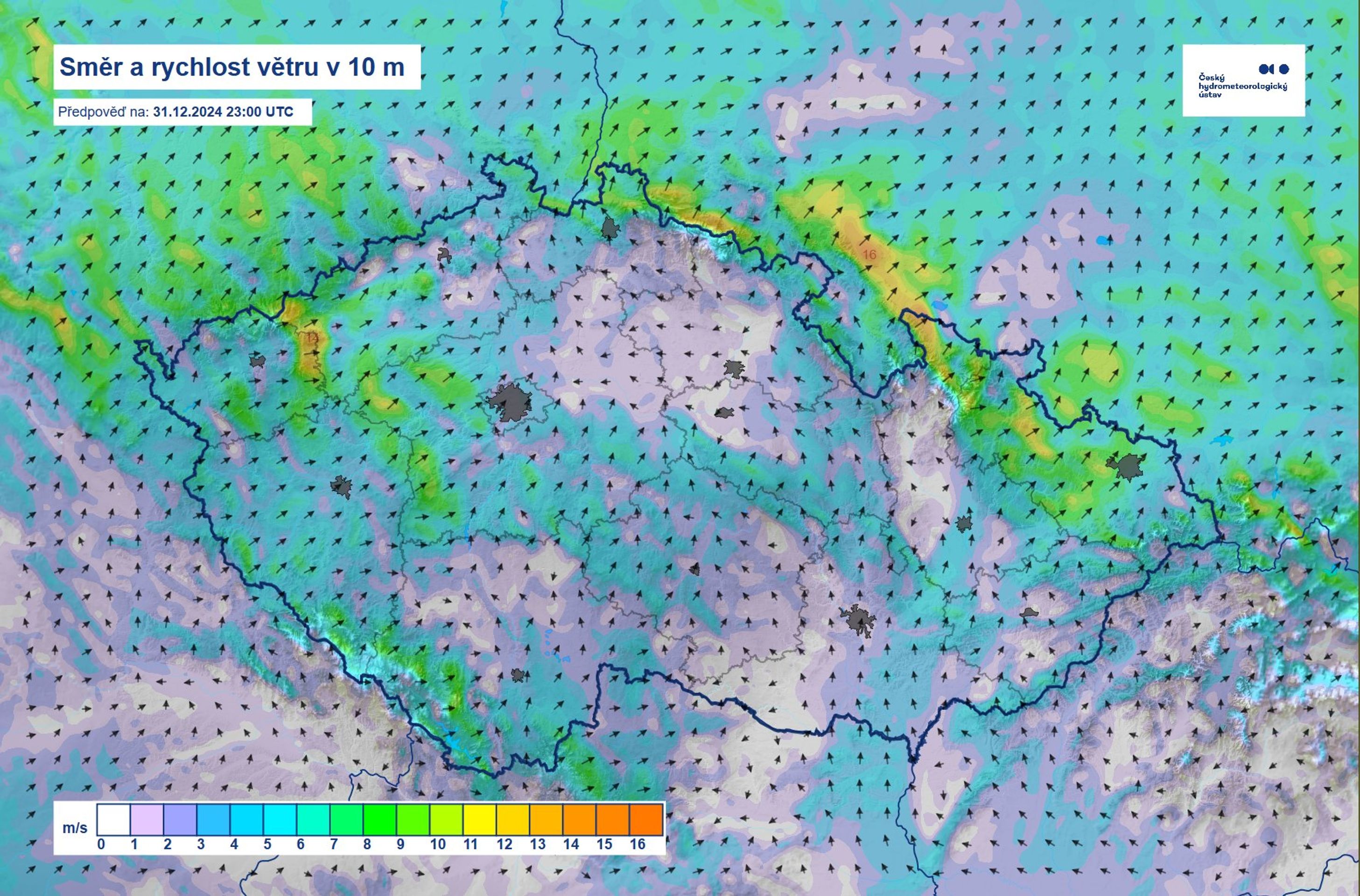 Směr a rychlost větru v 10 m, předpověď 31. 12. 2021 23.00. - Předpověď počasí (1/4)