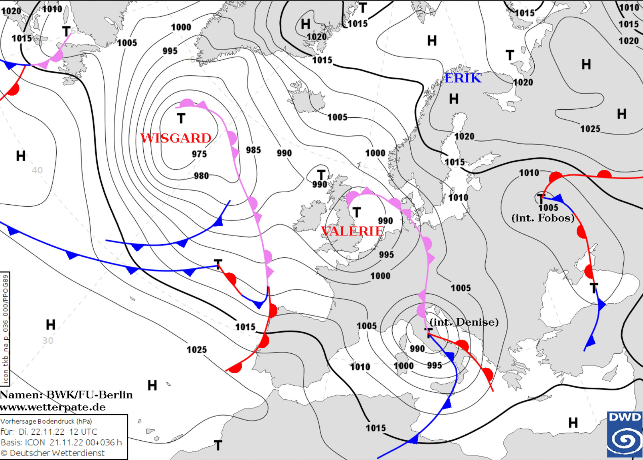 Předpovědní meteorologická mapa na 22. 11. 2022 12 UTC dle DWD - Mapy ČHMÚ (1/4)