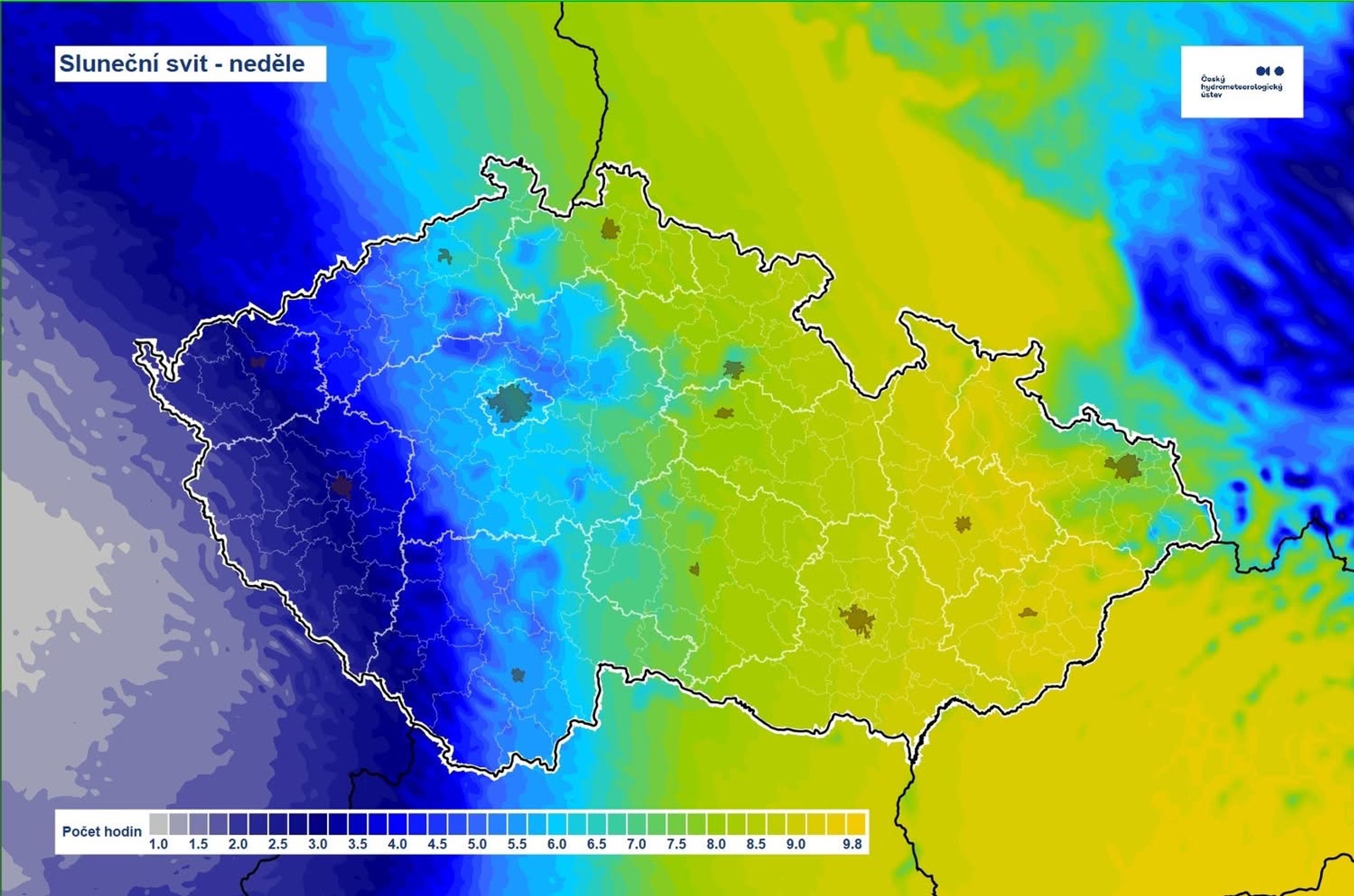 Sluneční svit – neděle - Mapa slunečního svitu na víkend (2/2)