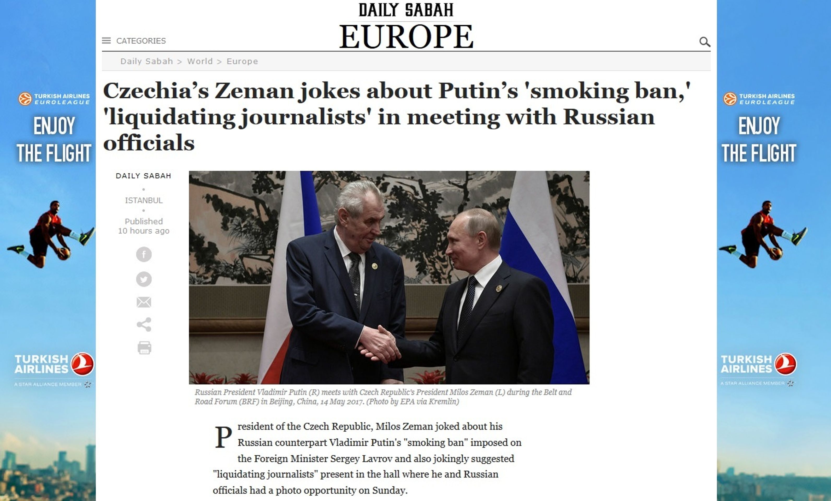 Světová média: Zeman žertoval s Putinem o likvidaci novinářů - 2 - GALERIE: Světová média informují o Zemanově žertu s likvidací novinářů (9/10)