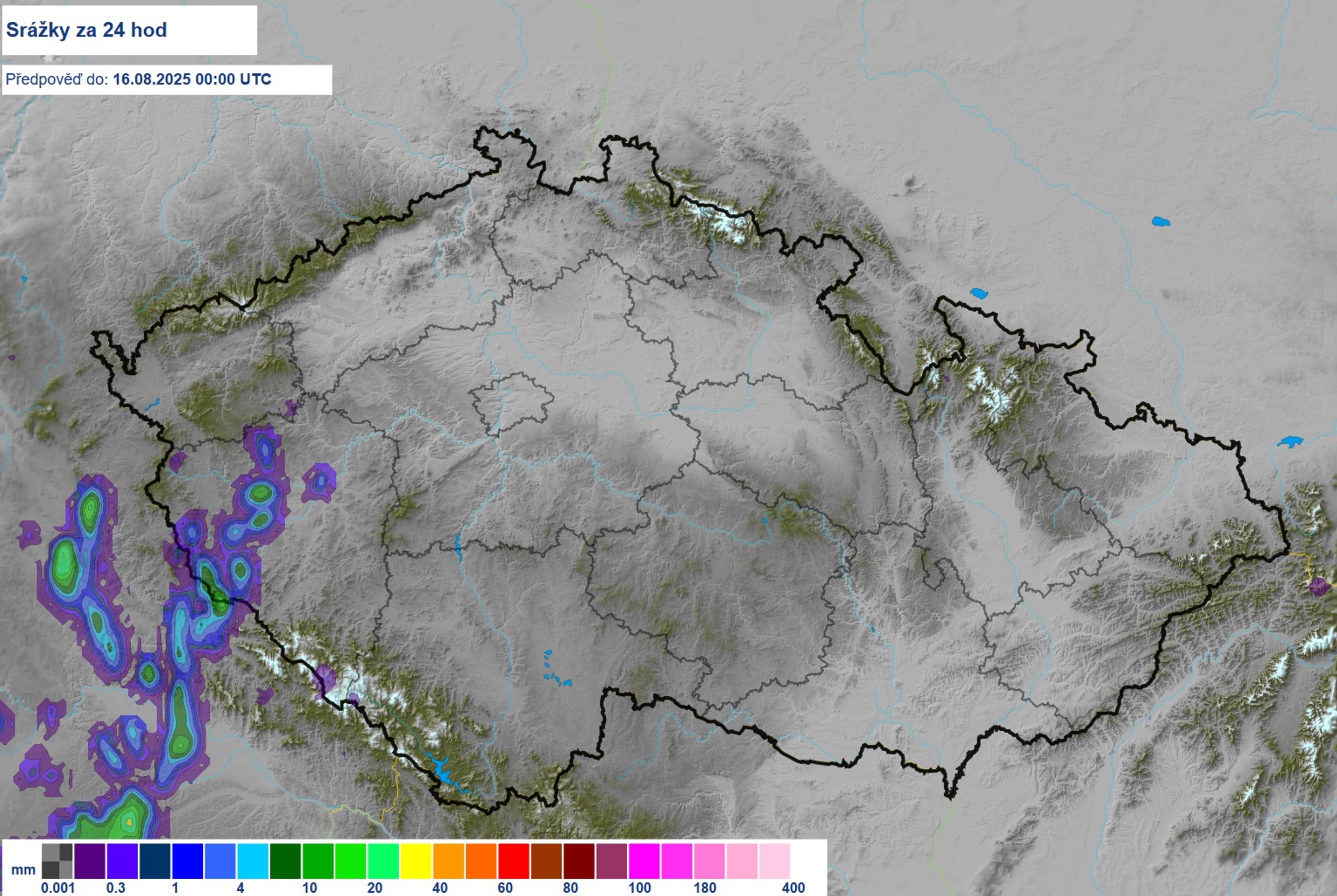 Srážky za 24 h – pátek - Počasí – pátek 15. 8. 2025 (2/3)