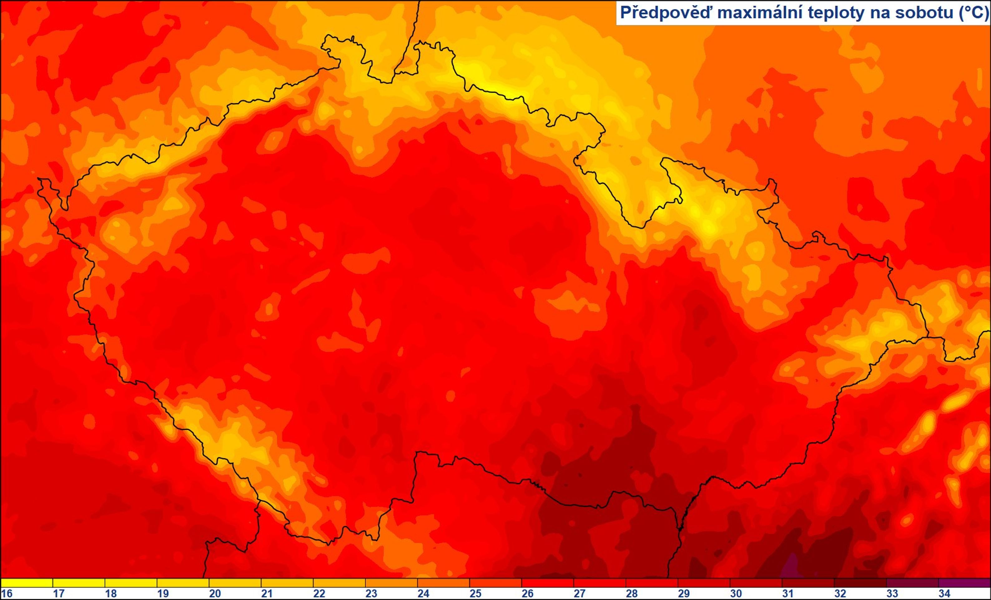 Předpověď maximální teploty na sobotu (°C) - Předpověď maximální teploty na následující dny (2/3)