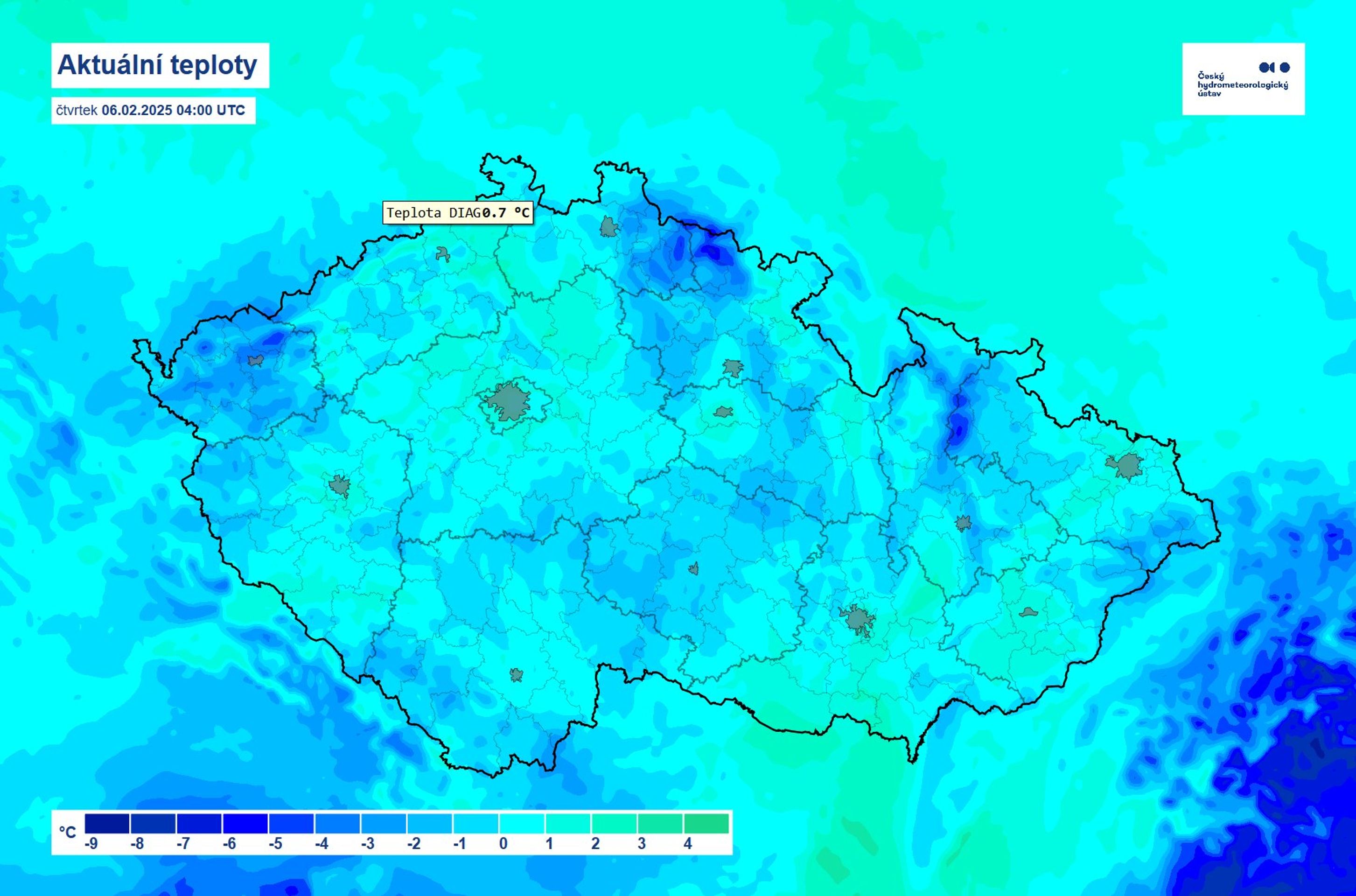 Teplota vzduchu 6. 2. 2025, 4:00 - Předpověď počasí (3/3)