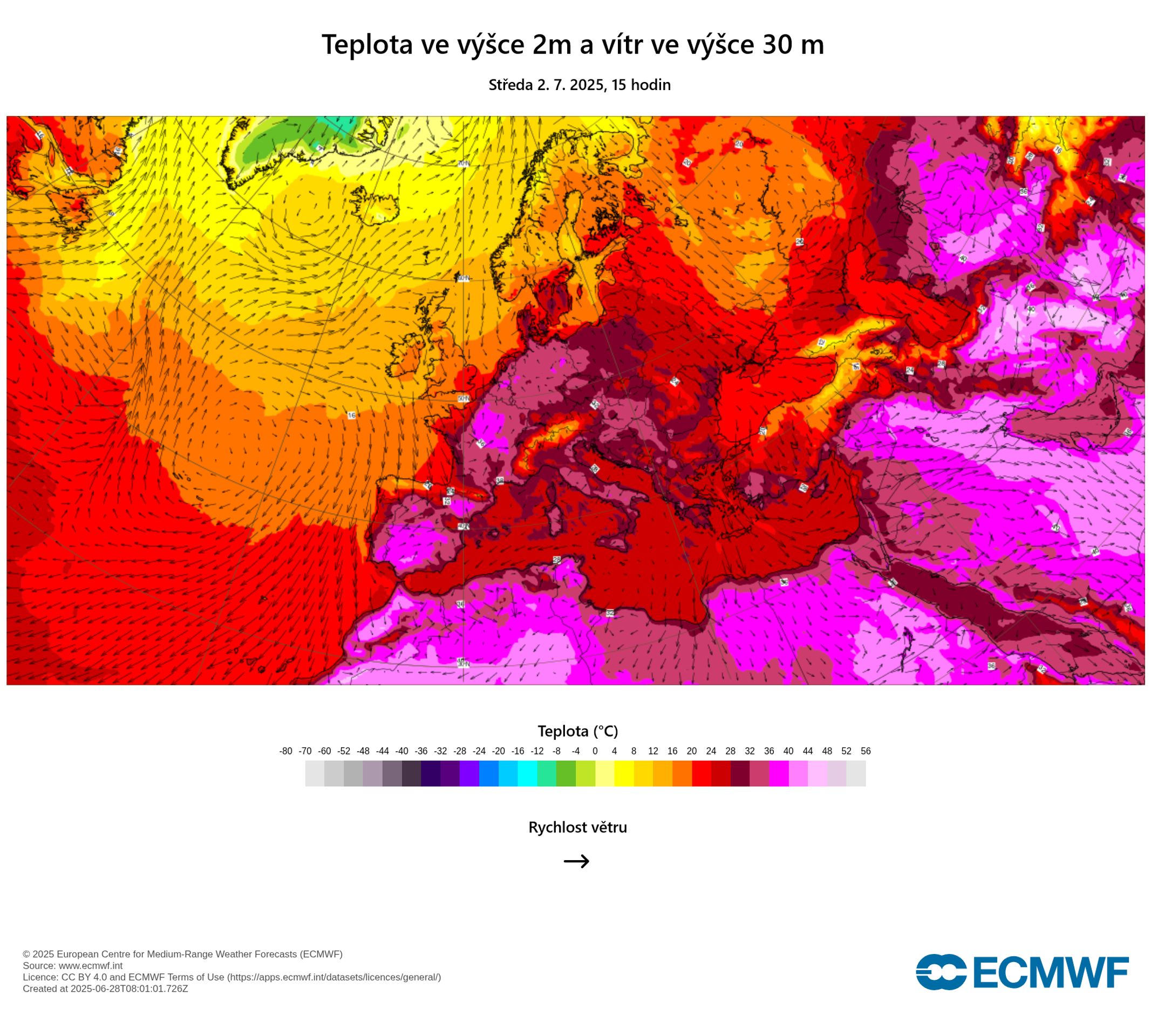 Teploty v Evropě ve středu 2. 7. 2025 - Výstraha před horkem v Česku 29. 6.-2. 7. 2025 (4/4)