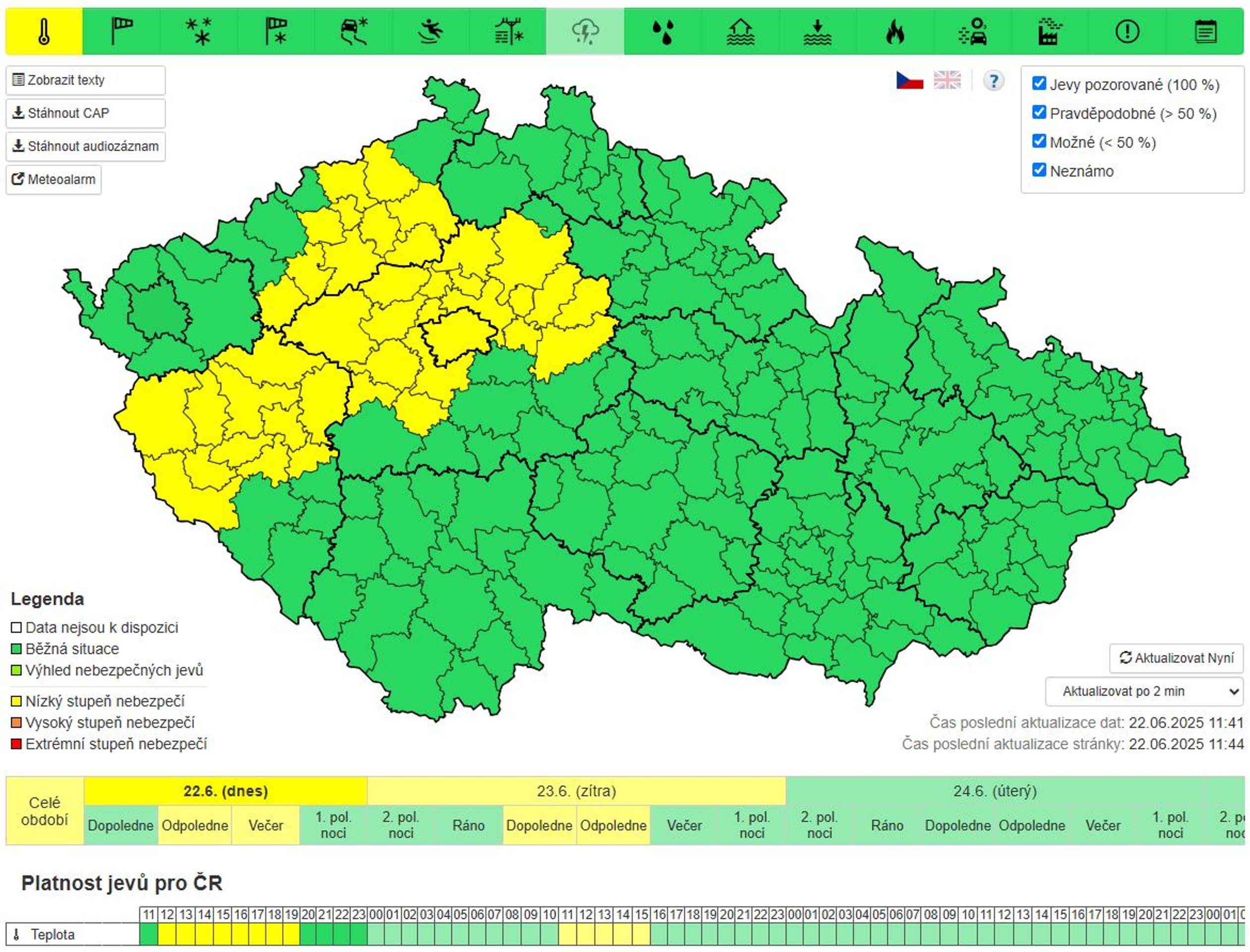 Výstraha před vysokými teplotami, neděle 22. 6. 2025, od 12:00 do 20:00 - Výstraha ČHMÚ (3/4)