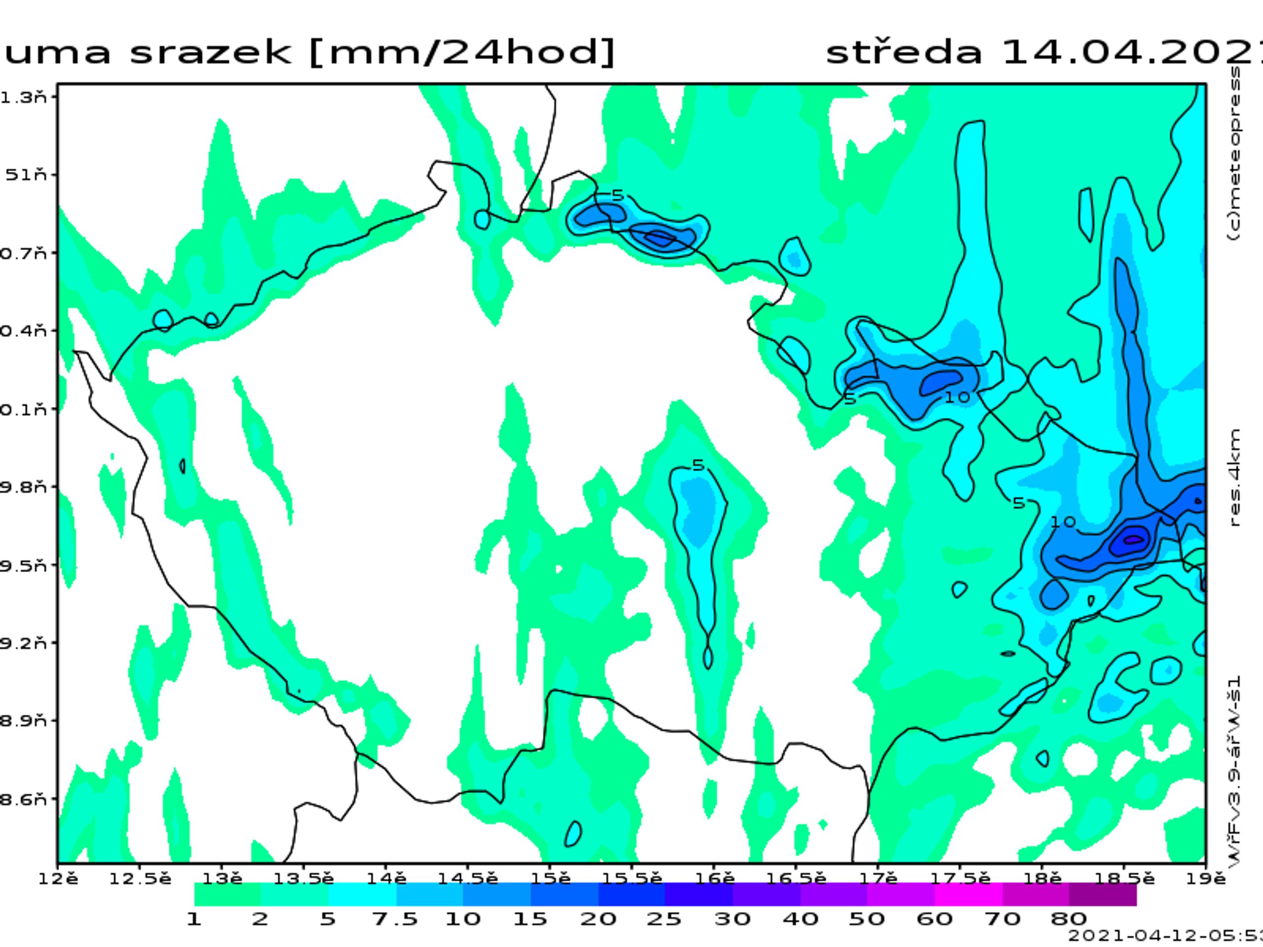 Mapa srážek - středa 14. dubna - GALERIE: Mapy srážek (3/4)
