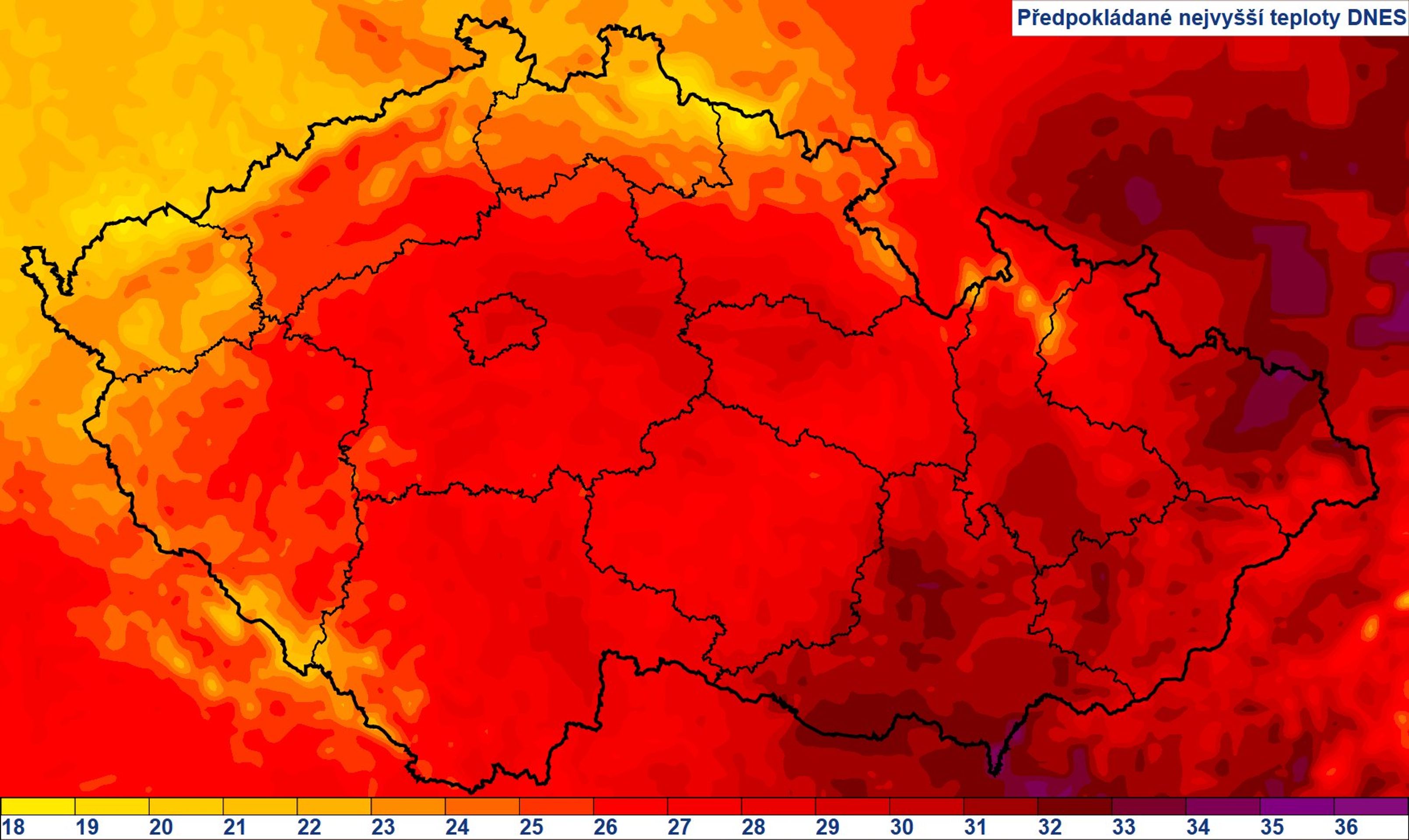 Předpokládané nejvyšší teploty, 19. 6. 2024 - Meteorologové varují před vysokými teplotami (3/4)